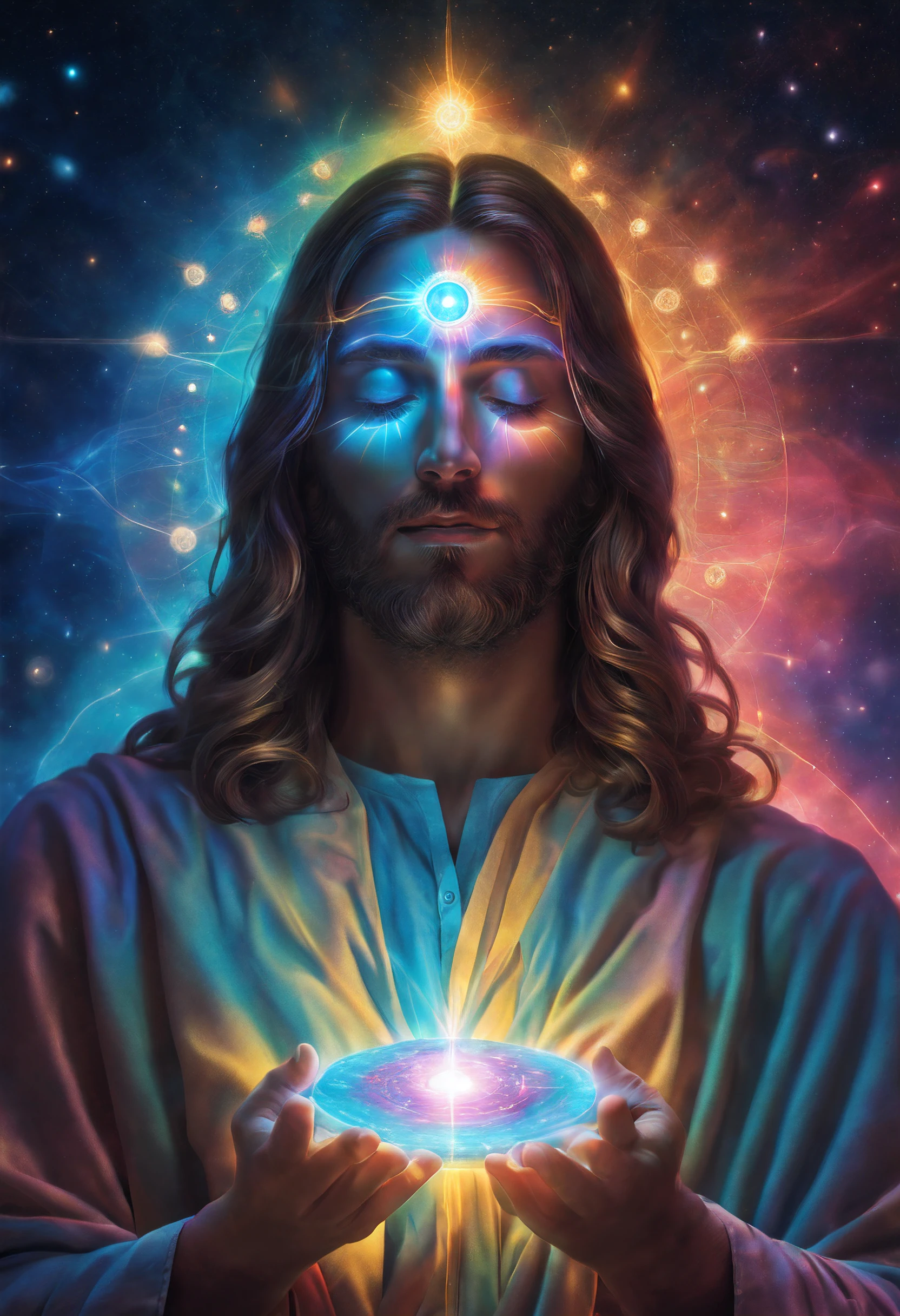 electric jesus, meditating, floating in the air, levitation, third eye, pineal gland, enlightened, very bright colors, light particles, glowing light, UHD wallpaper, best quality, looking at viewer