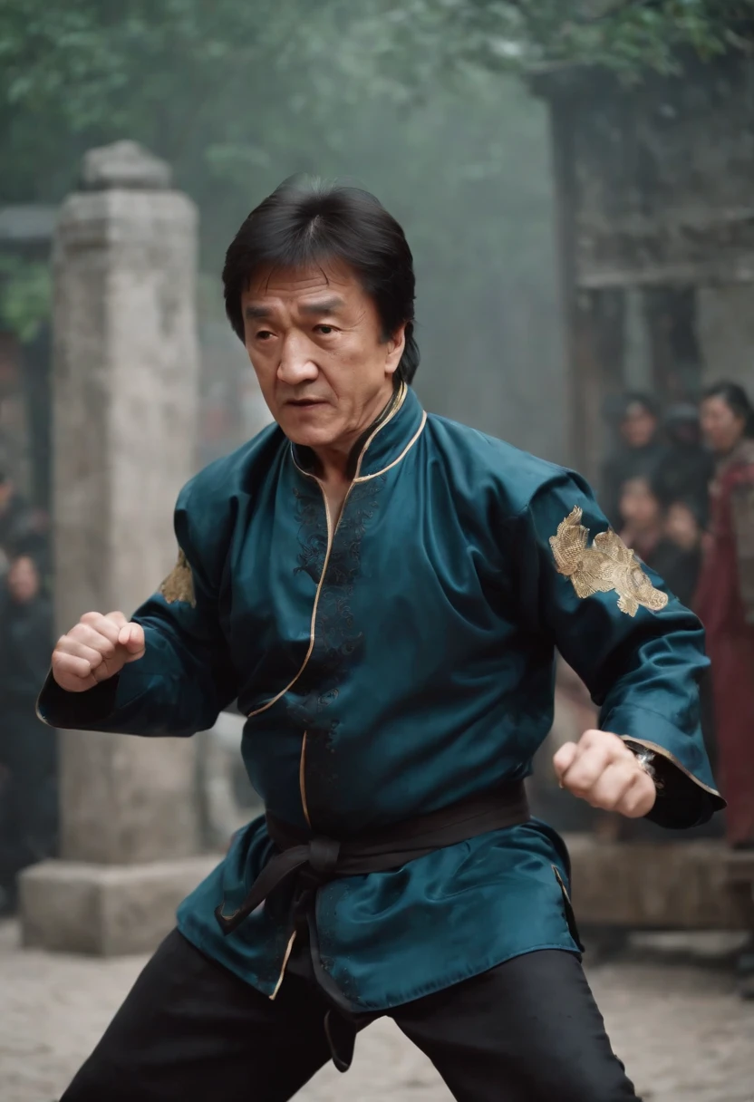 Jackie chan,Qi bangs,Republican Tang costumes,Fight drunken boxing on the streets of Chinese style,Film noise,Funny expressions,dark stormy clouds