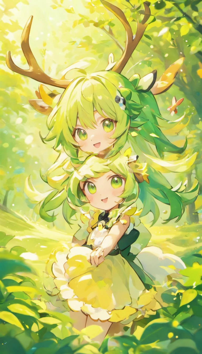 High-quality graphics,tmasterpiece,Bokeh,Green-haired beauty,Yellow vertical pupils,deer antlers,Maid decoration,Soft lighting,stooped,Playful,Sharp focus,Ultra-detailed,Portrait,landscape,Vivid colors,Soft lighting