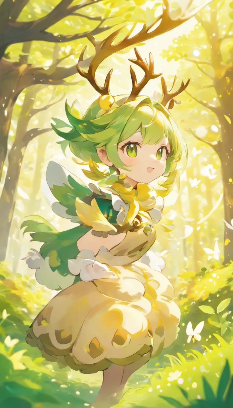High-quality graphics,tmasterpiece,Bokeh,Green-haired beauty,Yellow vertical pupils,deer antlers,Maid decoration,Soft lighting,stooped,Playful,Sharp focus,Ultra-detailed,Portrait,landscape,Vivid colors,Soft lighting