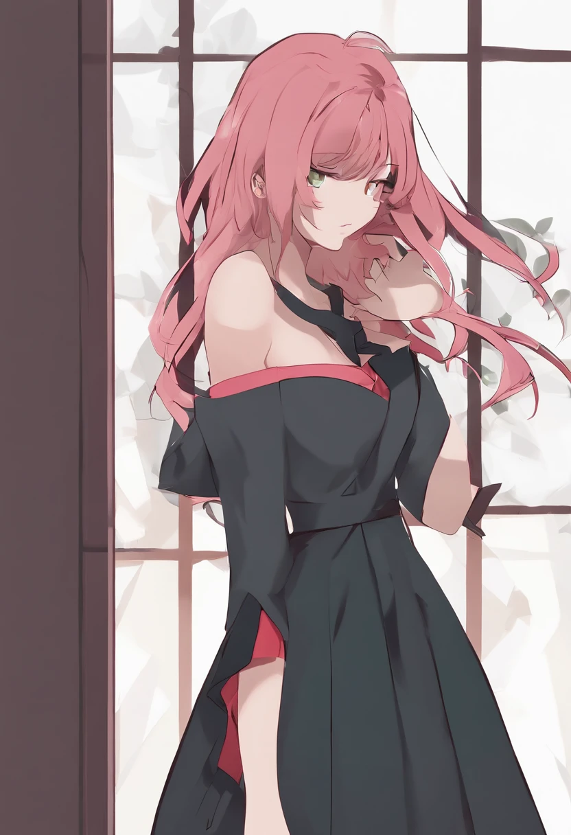 beautiful, masterpiece, best quality, extremely detailed face,  perfect lighting, 1girl, solo, sketch, marnie (pokemon), green eyes, asymmetrical bangs, backpack, bag, black choker, black jacket, blurry, blurry background, choker, closed mouth, dress, from behind, indoors, jacket, long sleeves, looking at viewer, looking back, off shoulder, pink dress, red bag, solo