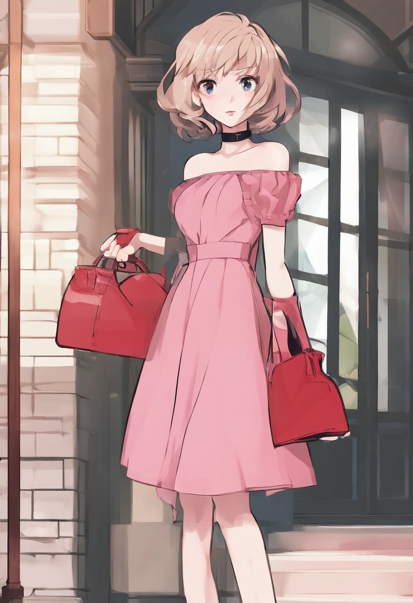 beautiful, masterpiece, best quality, extremely detailed face,  perfect lighting, 1girl, solo, sketch, marnie (pokemon), green eyes, asymmetrical bangs, backpack, bag, black choker, black jacket, blurry, blurry background, choker, closed mouth, dress, from behind, indoors, jacket, long sleeves, looking at viewer, looking back, off shoulder, pink dress, red bag, solo