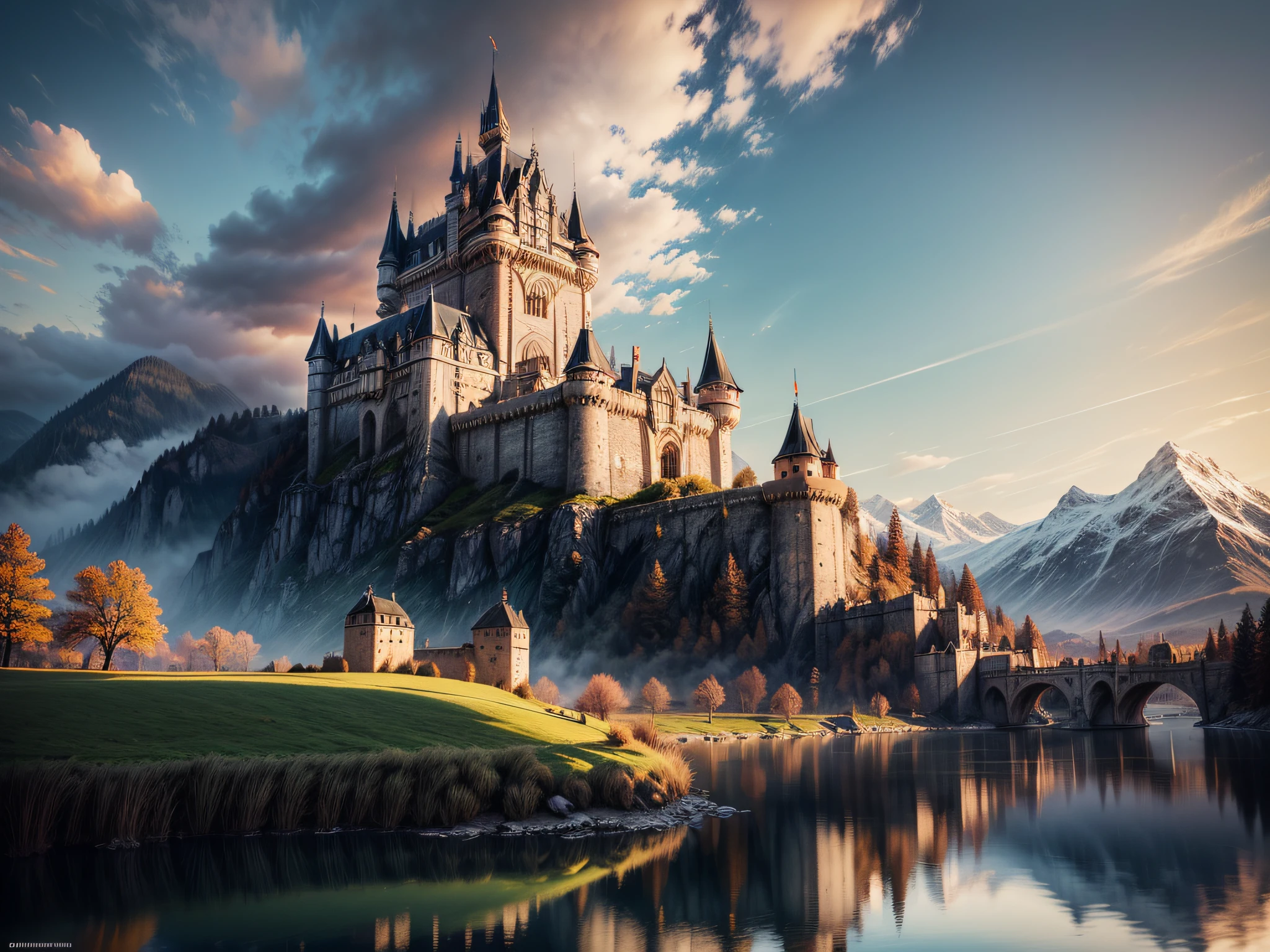 fantasy art, RPG art, photographic, National Geographic quality picture, award winning, (Best Detailed: 1.5), (best quality: 1.5) picture of an epic 1solocastle near the lake at dawn, the Middle ages castle is master crat artistry, there are (4 towers: 1.2), (massive walls: 1.2), (barbicans: 1.2), (flags: 1.2), ( a bridge: 1.2), the entire castle is being reflected in the lake in  a perfect image (Best details, Best quality: 1.5), the lake is calm and placid, its dawn, the sun is rising, there some light clouds in the sky, and sun rays, behind the castle there is a missive snowy mountain as background best quality, (extremely detailed), ultra wide shot, photorealism, depth of field, hyper realistic, 2.5 rendering,