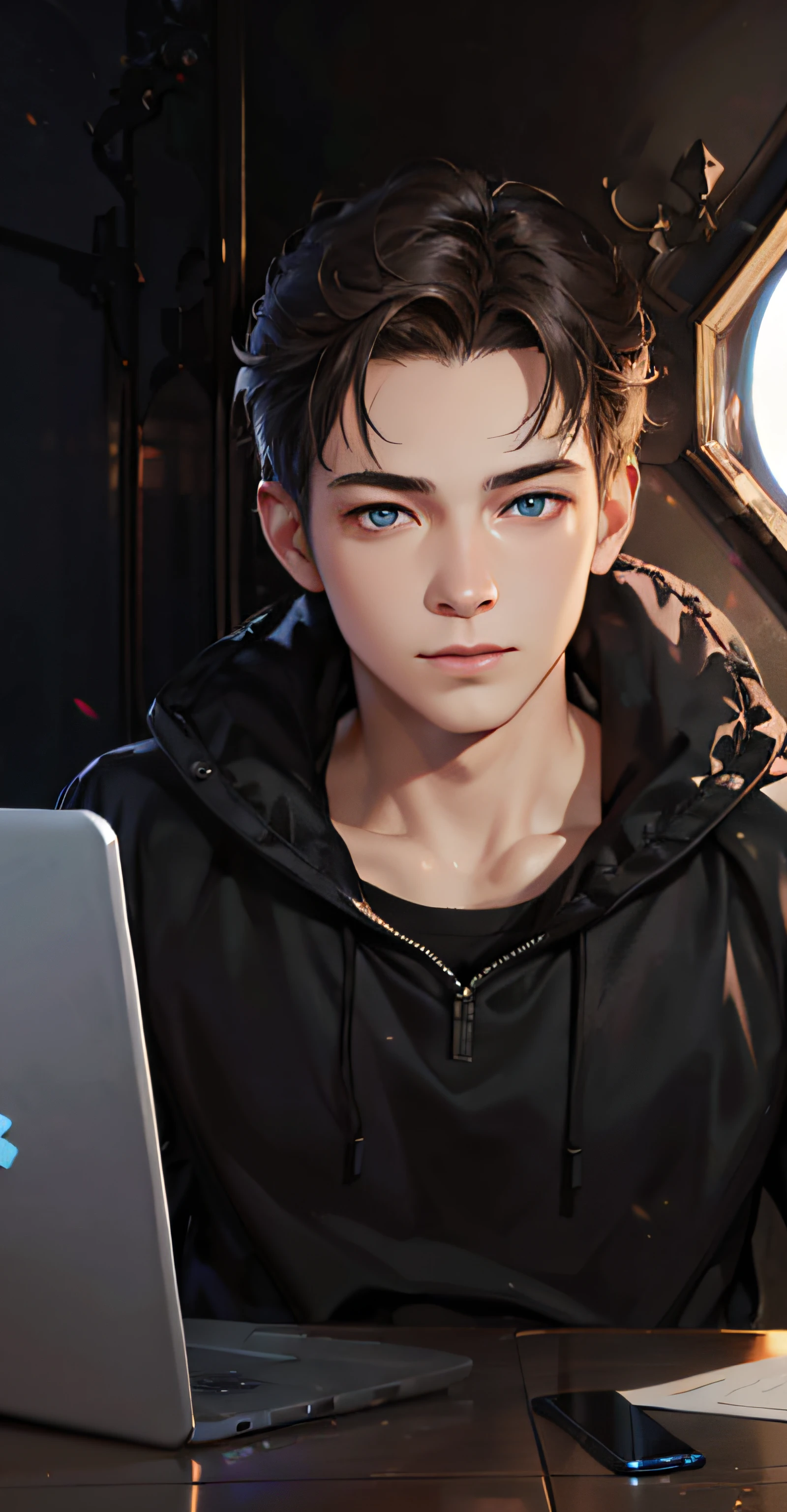 Close up portrait of a person sitting on a laptop, Realistic art style, Peter Parker,Lots of backgrounds, Being in a pitch-dark room, A warm orange light is pointing at us in a dimly lit room, Alone in the room, youtuber, eyes are slightly lowered(slightly puffy eyes), blue eyess, Photorealistic Art Style、Real Art Style, realism artstyle, Background art style, Realistic, 4K DeFiloVision Digital Art, Definition Digital Anime Art, Real Anime 3D Wind, Cartoon style, An ultra-high picture quality、The background is a room、The walls are decorated with paintings、No depth、Smiling a little、Gentle