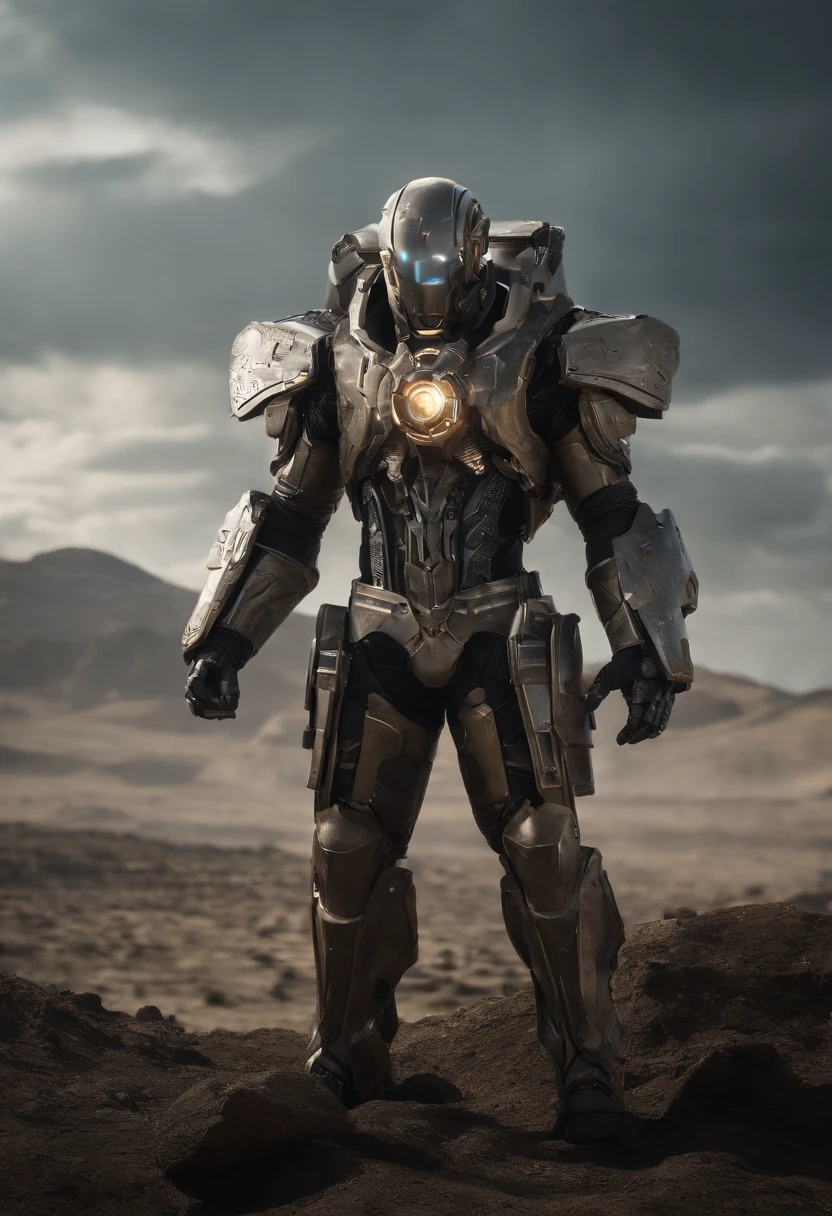best quality, masterpiece, high resolution, star warrior, Silver tech armor, dynamic pose, alien ground, extreme lightning, scattered random lights, whisper, fractal, high resolution, 8K
