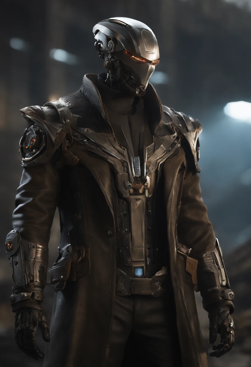 Visualize a male android, a striking fusion of human-like form and advanced machinery, standing in a post-apocalyptic wasteland. His sleek metallic body is both rugged and refined, reminiscent of iconic android characters from popular concept art. The android is dressed in a tattered, weather-worn duster coat, which flows dramatically in the wind. The coat, a patchwork of faded leather and aged fabric, exudes a sense of history and battle-tested experience. Beneath the coat, his sculpted, mechanical torso is visible, adorned with exposed gears and circuitry reminiscent of iconic cybernetic characters. These intricate details give him an air of technological sophistication. A broad-brimmed hat rests atop his head, casting his artificial face in shadow, just as popular android concept art often conceals facial features in mystery. Only one eye, a piercing blue light like those seen in renowned android designs, glows beneath the hat's shadow, conveying an aura of enigmatic determination. The lower half of his face is exposed, revealing a chiseled jawline and a set of mechanical lips. This juxtaposition of human and mechanical elements adds depth and intrigue to his appearance. One of his arms, an intricate masterpiece of polished chrome and intricate design, terminates in a hand that clutches a futuristic six-shooter. This weapon, with its intricate and ornate design, mirrors the iconic firearms often seen in cybernetic and android concept art. In this moment, amidst the desolation of the wasteland, the android stands as a captivating embodiment of popular android character concepts. The wind stirs his coat, creating a dynamic and visually arresting tableau. The Stranger is poised for action, a male android who captures the essence of technological prowess and mysterious determination.
