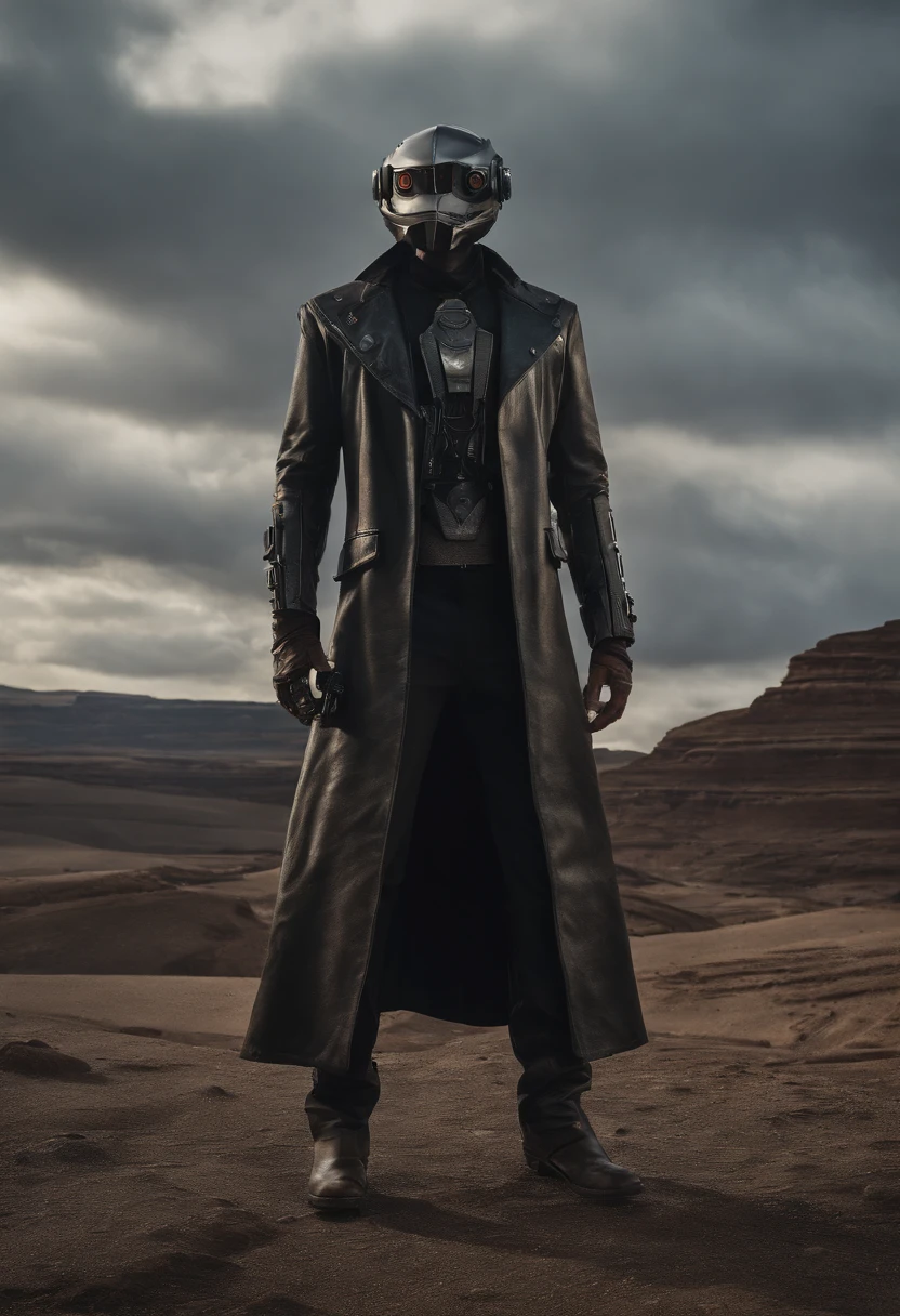 Visualize a male android, a striking fusion of human-like form and advanced machinery, standing in a post-apocalyptic wasteland. His sleek metallic body is both rugged and refined, reminiscent of iconic android characters from popular concept art. The android is dressed in a tattered, weather-worn duster coat, which flows dramatically in the wind. The coat, a patchwork of faded leather and aged fabric, exudes a sense of history and battle-tested experience. Beneath the coat, his sculpted, mechanical torso is visible, adorned with exposed gears and circuitry reminiscent of iconic cybernetic characters. These intricate details give him an air of technological sophistication. A broad-brimmed hat rests atop his head, casting his artificial face in shadow, just as popular android concept art often conceals facial features in mystery. Only one eye, a piercing blue light like those seen in renowned android designs, glows beneath the hat's shadow, conveying an aura of enigmatic determination. The lower half of his face is exposed, revealing a chiseled jawline and a set of mechanical lips. This juxtaposition of human and mechanical elements adds depth and intrigue to his appearance. One of his arms, an intricate masterpiece of polished chrome and intricate design, terminates in a hand that clutches a futuristic six-shooter. This weapon, with its intricate and ornate design, mirrors the iconic firearms often seen in cybernetic and android concept art. In this moment, amidst the desolation of the wasteland, the android stands as a captivating embodiment of popular android character concepts. The wind stirs his coat, creating a dynamic and visually arresting tableau. The Stranger is poised for action, a male android who captures the essence of technological prowess and mysterious determination.