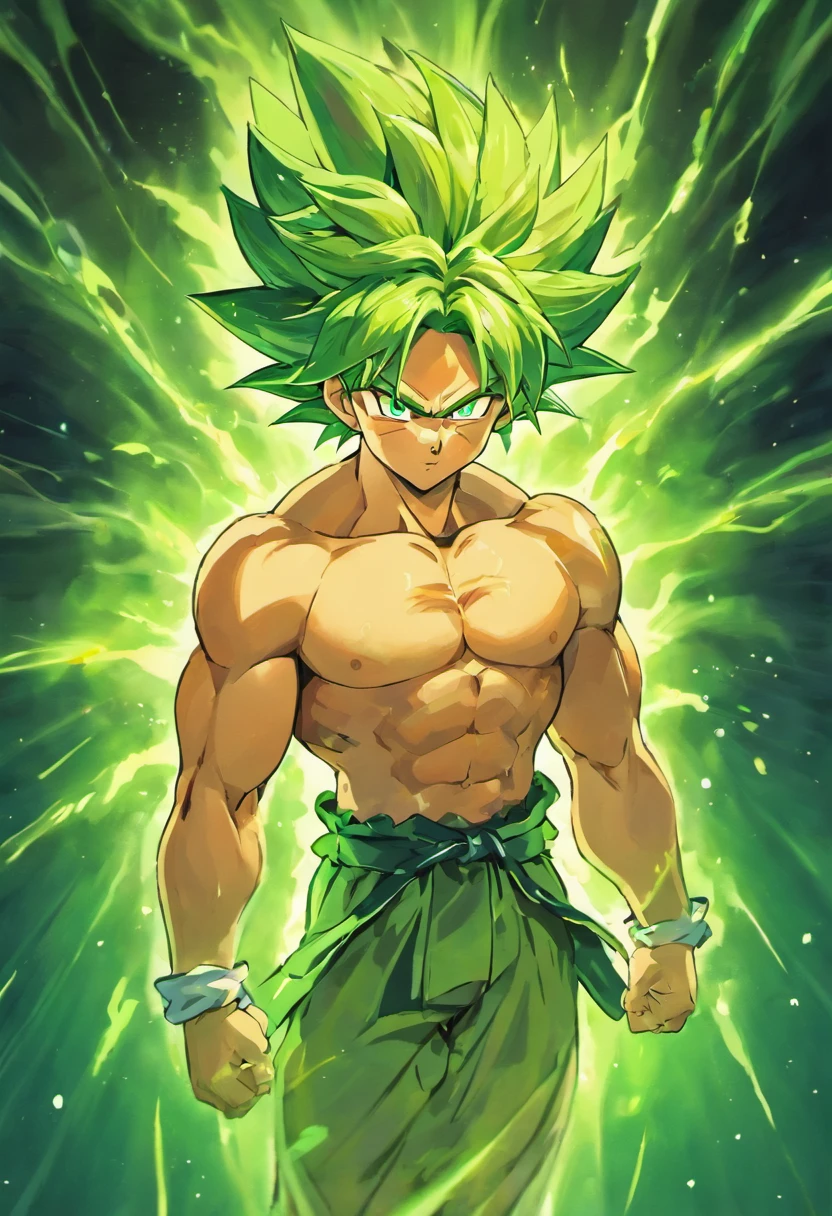 Broly, 1boy, closed mouth, male focus, muscular, muscular male, rock, sash, serious, solo, spiked hair, topless male, torn clothes, legendary super saiyan, green eyes, green hair, ((masterpiece))