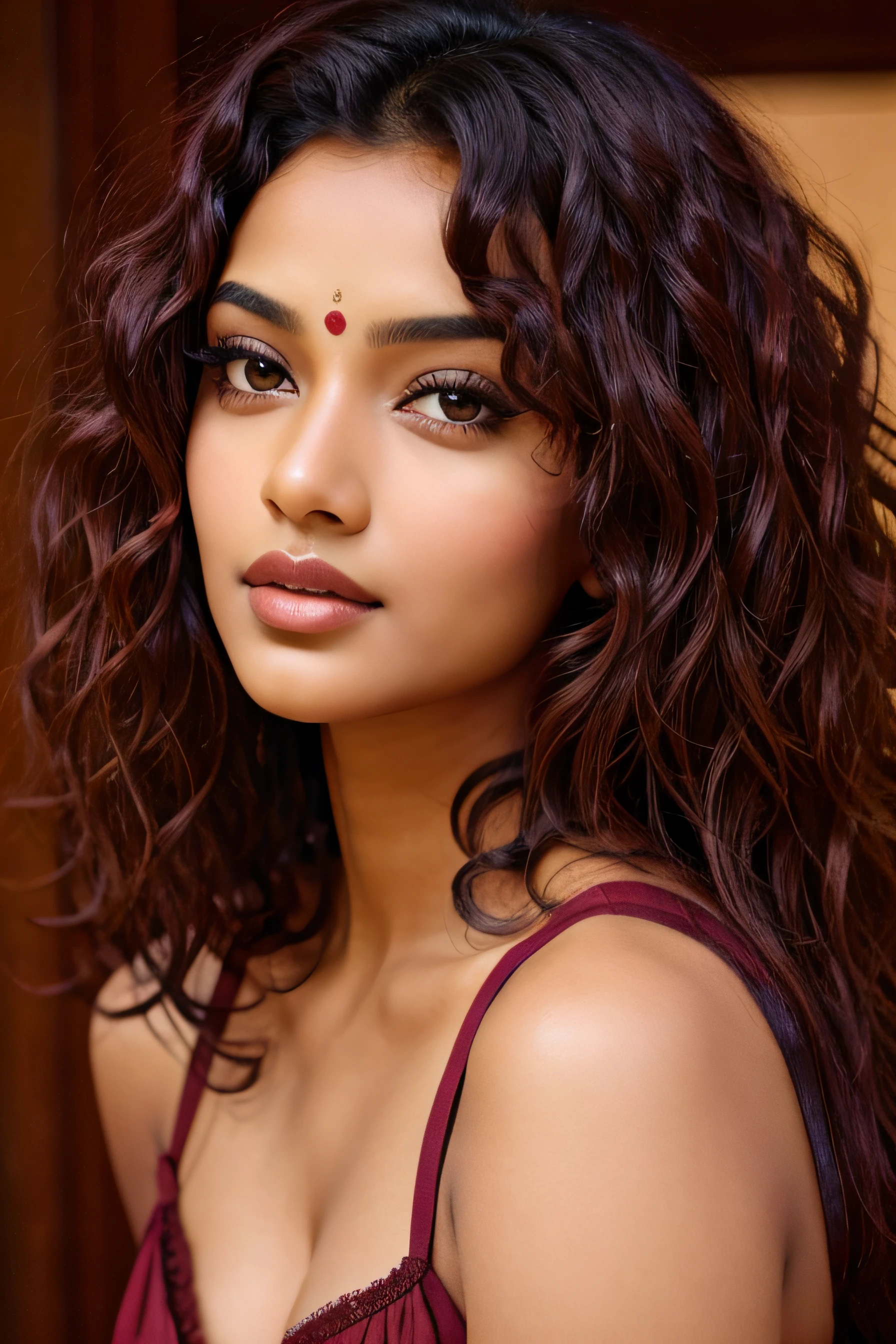 indian woman, burgundy curly hair, indian deep eyes