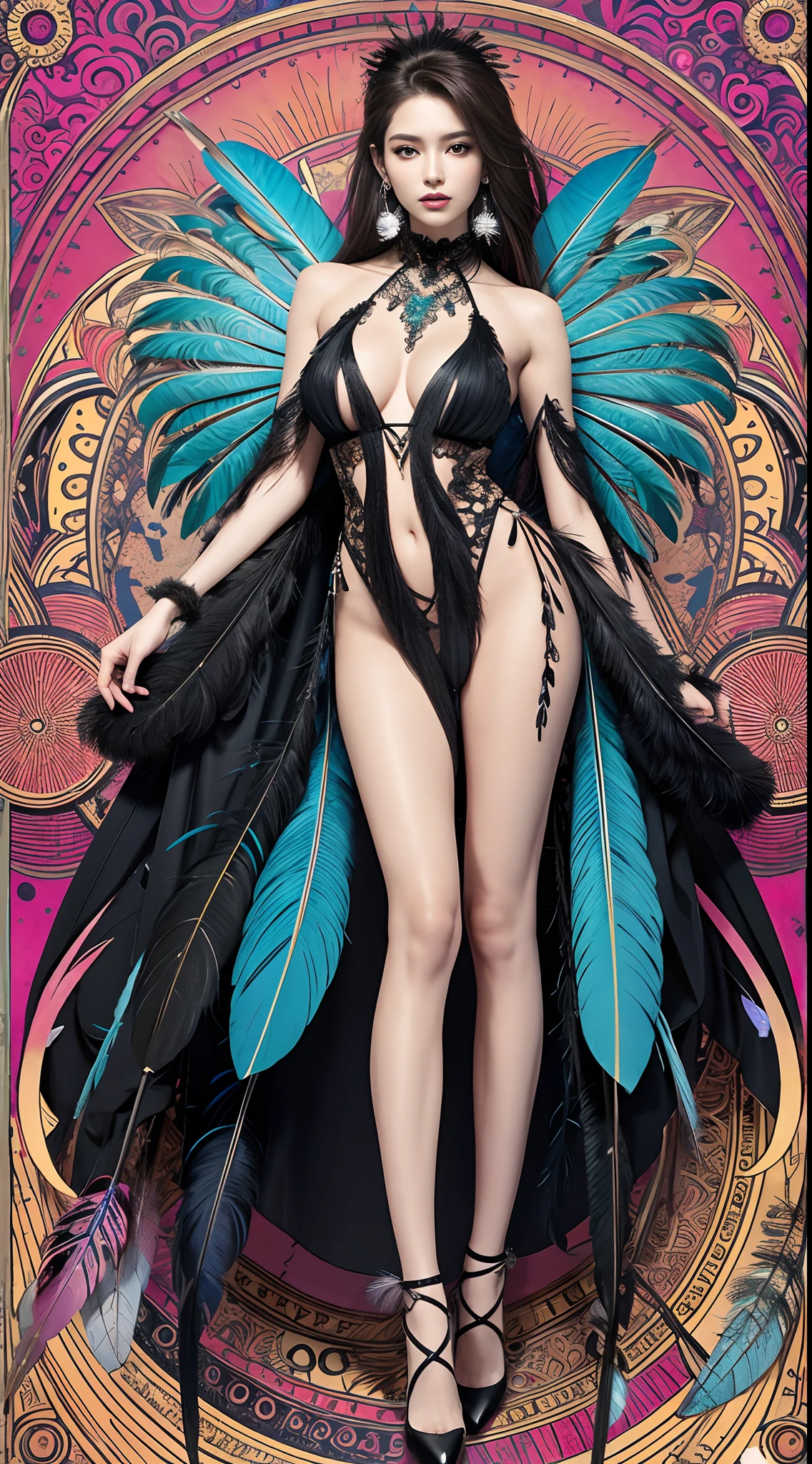 (tmasterpiece,top Quority,best qualtiy,offcial art,full body shot shot,Beauty and aesthetics:1.2),(1girl:1.3),The is very detailed,Extremely tall, slender and sexy body,huge tit,fat hips,Long legs,(s fractal art:1.1),(a color:1.1)(blossoms:1.3),Most detailed,( zentangle:1.2), full body, (abstract background:1.3), (shiny skin), (many colors:1.4), ,(earrings), (feathers:1.5),