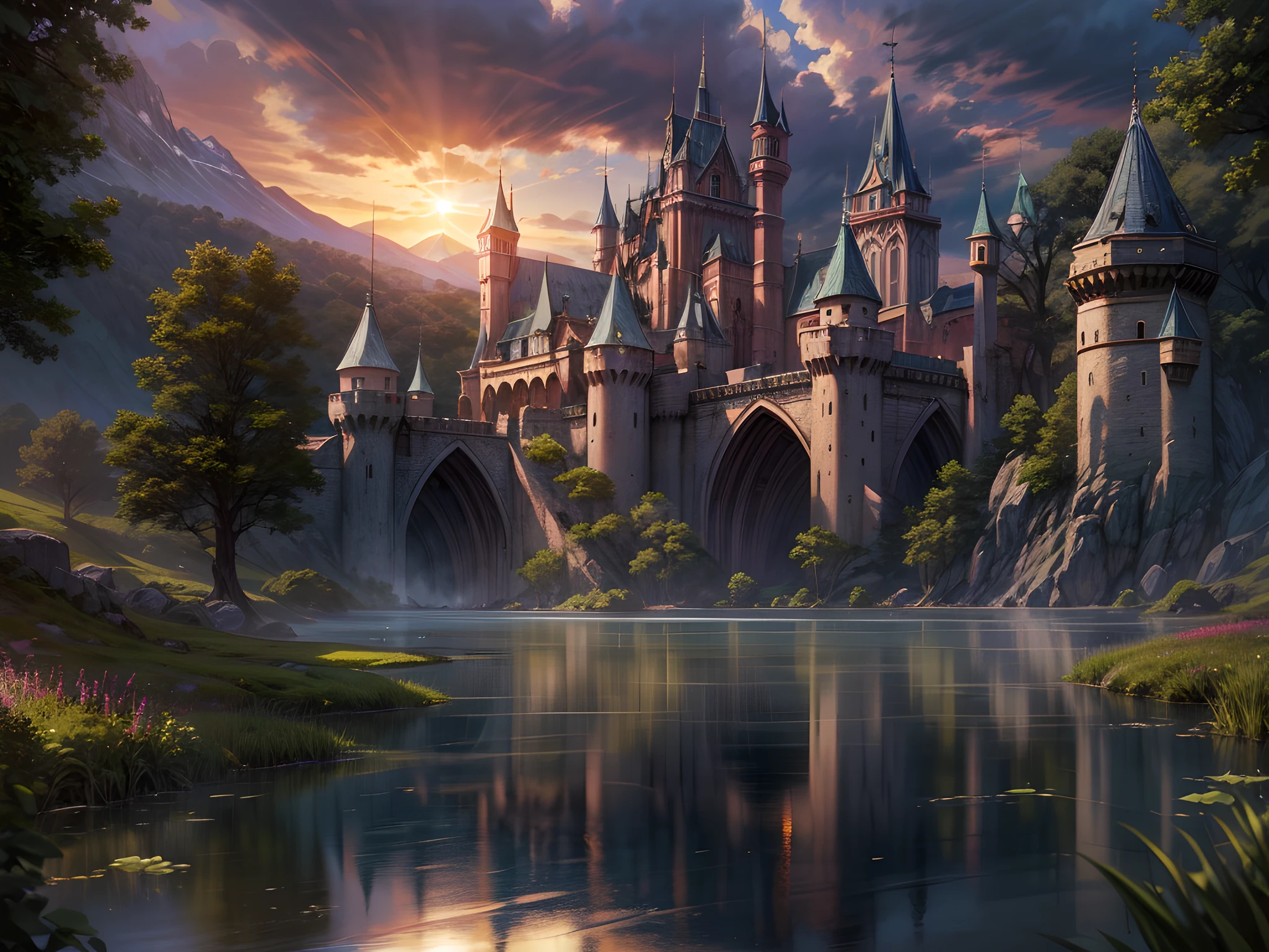 fantasy art, RPG art, photographic, National Geographic quality picture, award winning, (Best Detailed: 1.5), (best quality: 1.5) picture of an epic 1solocastle near the lake at dawn, the Middle ages castle is master crat artistry, there are (4 towers: 1.2), (massive walls: 1.2), (barbicans: 1.2), (flags: 1.2), ( a bridge: 1.2), the entire castle is being reflected in the lake in a perfect image (Best details, Best quality: 1.5), the lake is calm and placid, its dawn, the sun is rising, there some light clouds in the sky, and sun rays, behind the castle there is a missive snowy mountain as background best quality, (extremely detailed), ultra wide shot, photorealism, depth of field, hyper realistic, 2.5 rendering,