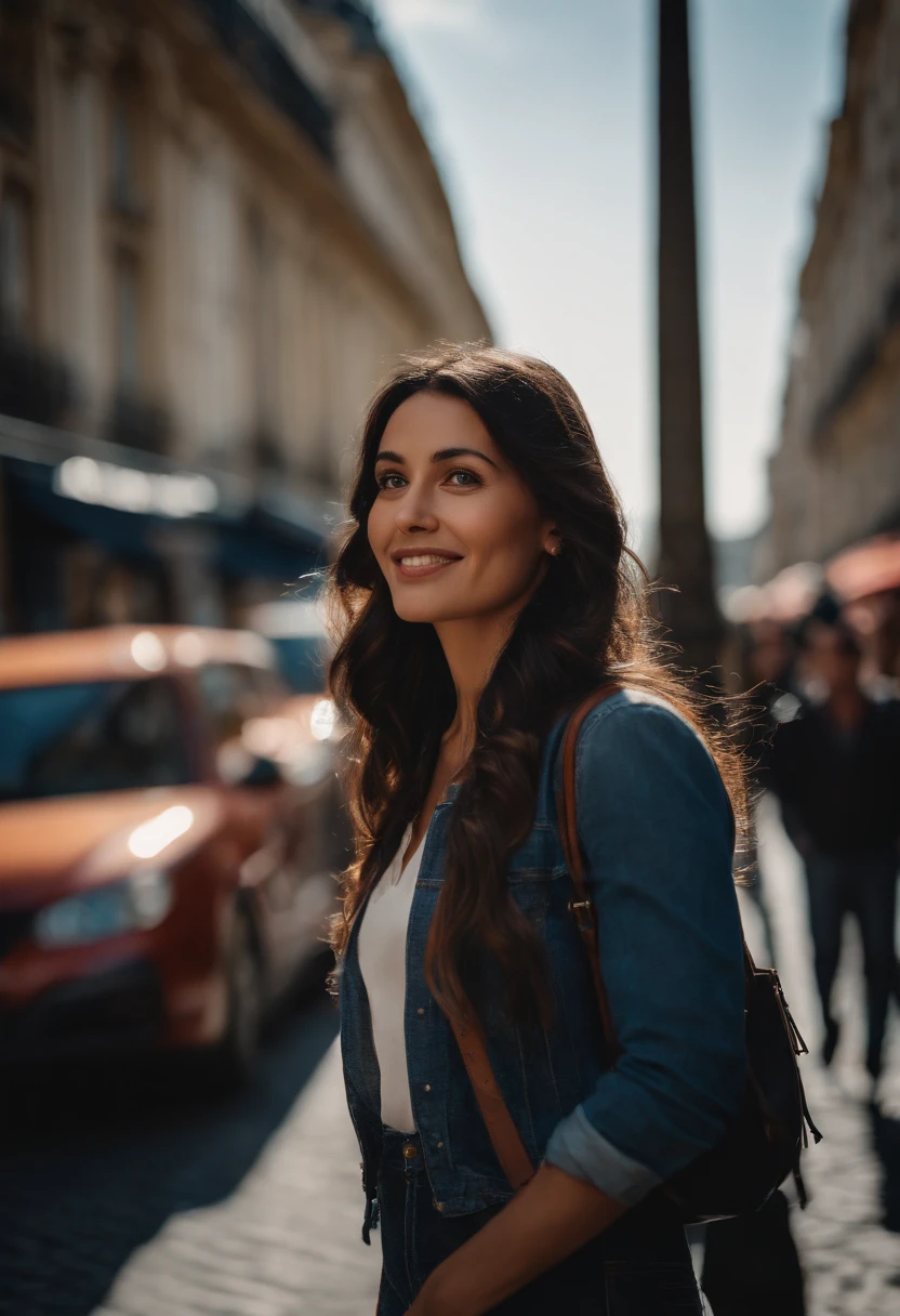 Masterpiece, superior quality, ultra-detailed, 8k drawing under CG unity, a woman looking directly at the observer, summer subject, a charmed and happy look, in the city center of paris, smiling, with long black hair and cowboy style.