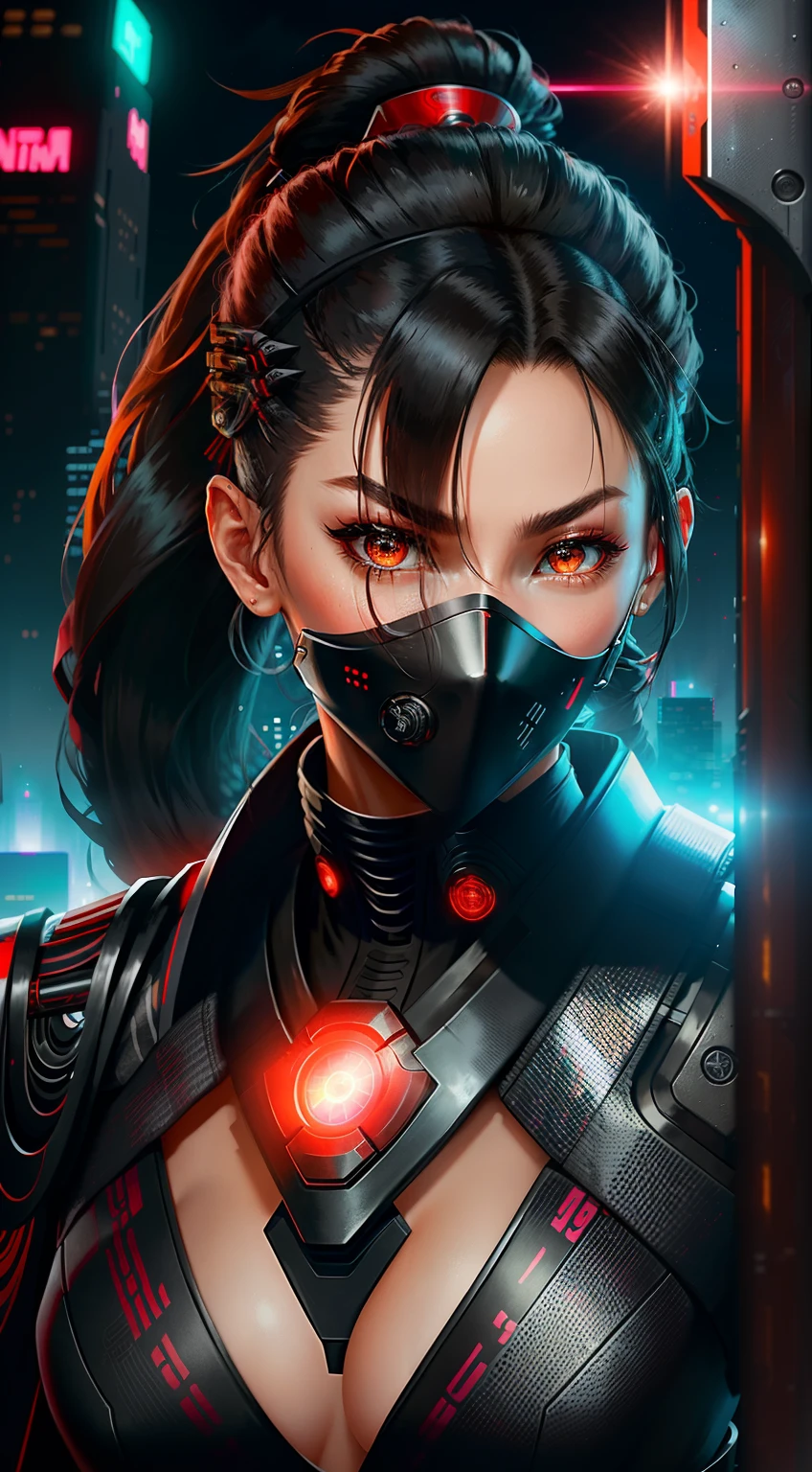 A female ninja in traditional clothing, but also futuristic like a time traveler. She has long black hair tied in a ponytail, and wears a black kimono with red accents. Her face is covered by a black ninja mask, but her eyes are visible and they are bright and intelligent. She has a futuristic katana sword strapped to her back, and her arms and legs are covered in cybernetic implants. She stands in a dynamic pose, ready to strike.
The background is a futuristic city at night. Neon lights and towering skyscrapers fill the distance. The ninja is perched on a rooftop, looking down over the city. She is the guardian of this future, and she is ready to protect it from any threat.