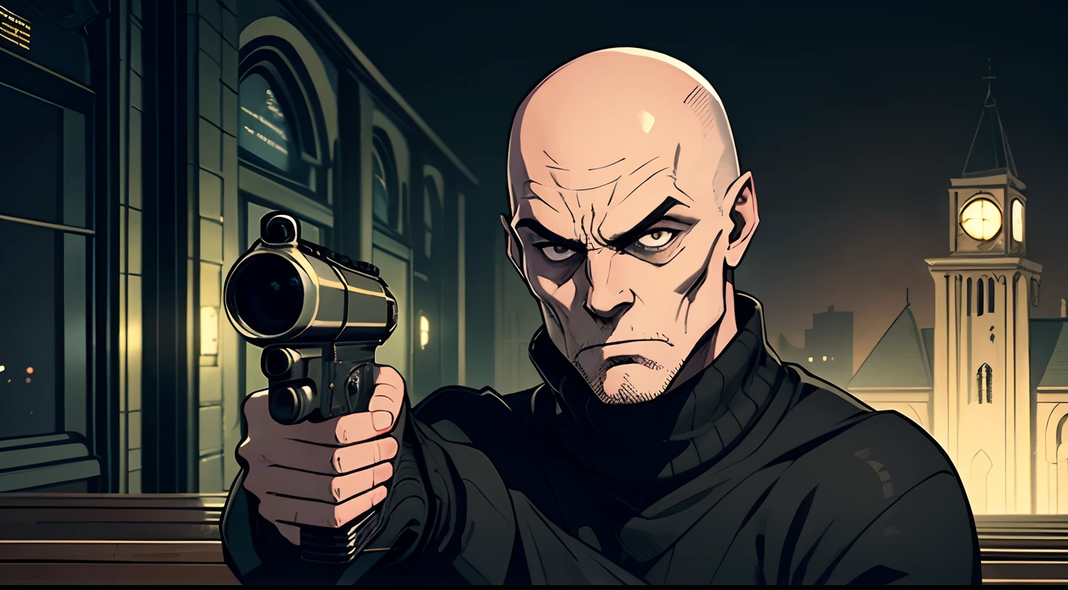 man, robber, wearing a black sweater, black beanie hat, bald, creepy face, pointing a gun, inside gotham city church, night time