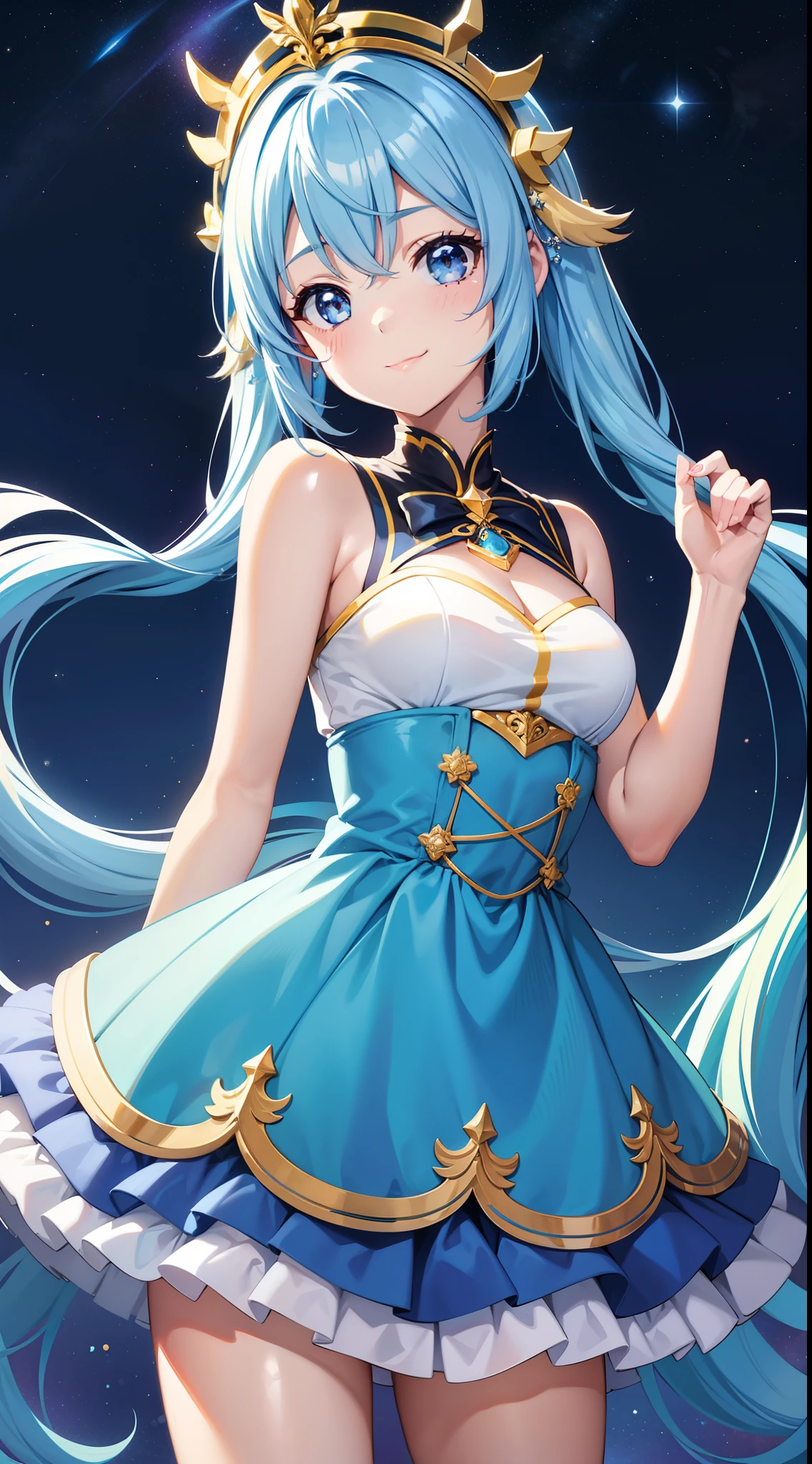 Masterpiece, best quality, ultra detailed, extremely detailed,1girl, evil smiling, looking at viewerery,flat chest,blue hair,twintails,middle hair,sky blue eyes, (((petite))), slim thighs,trading card,holofoil,text,ice,frozen