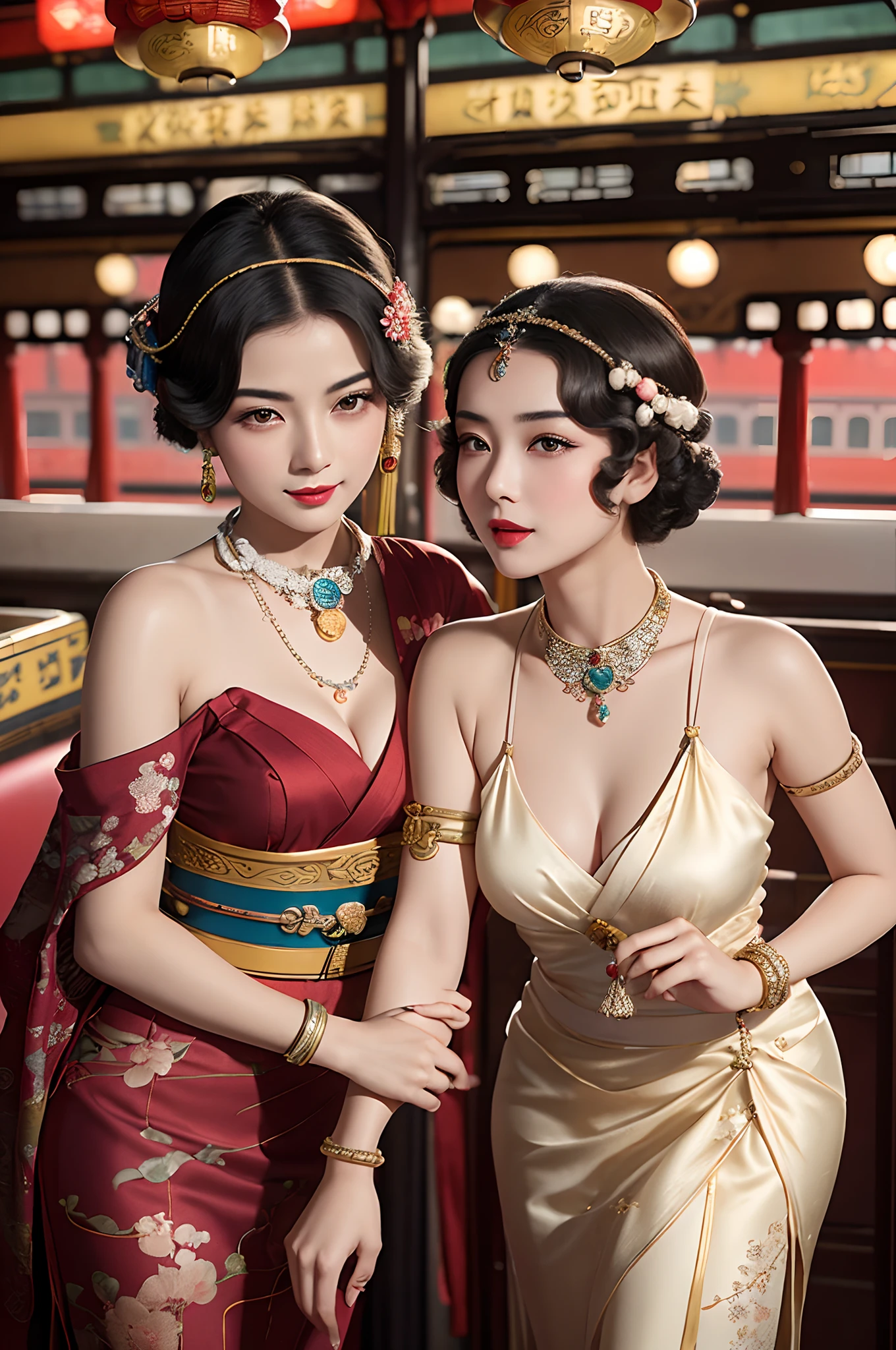 Two beautiful girls,leering:1.4, Lovers, lesbians,(in the railway station 1920's Shanghai,retro train background:1.6),(Taoist hairstyle,Giant hairstick:1.6,oiran hair ornament,armlets, bangle:1.3),Dodge kisses,bauhaus, bulgari, official valentino editorial,half-open lips, Suck your lips firmly, Drooling, elegant, Brilliant, Beautiful, Blush (0.2), Gorgeous, Beautiful, Gorgeous, gentle, Starry sky, Milky Way, Summer triangle, Tanabata and bamboo ornaments, Precise drawings, a detailed drawing,