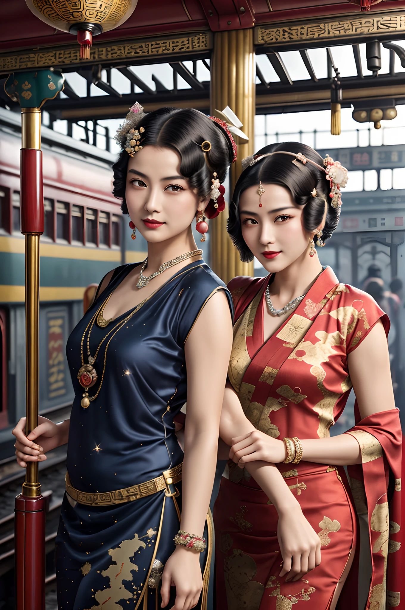 Two beautiful girls,leering:1.4, Lovers, lesbians,(in the railway station 1920's Shanghai,retro train background:1.6),(Taoist hairstyle,Giant hairstick:1.6,oiran hair ornament,armlets, bangle:1.3),Dodge kisses,bauhaus, bulgari, official valentino editorial,half-open lips, Suck your lips firmly, Drooling, elegant, Brilliant, Beautiful, Blush (0.2), Gorgeous, Beautiful, Gorgeous, gentle, Starry sky, Milky Way, Summer triangle, Tanabata and bamboo ornaments, Precise drawings, a detailed drawing,