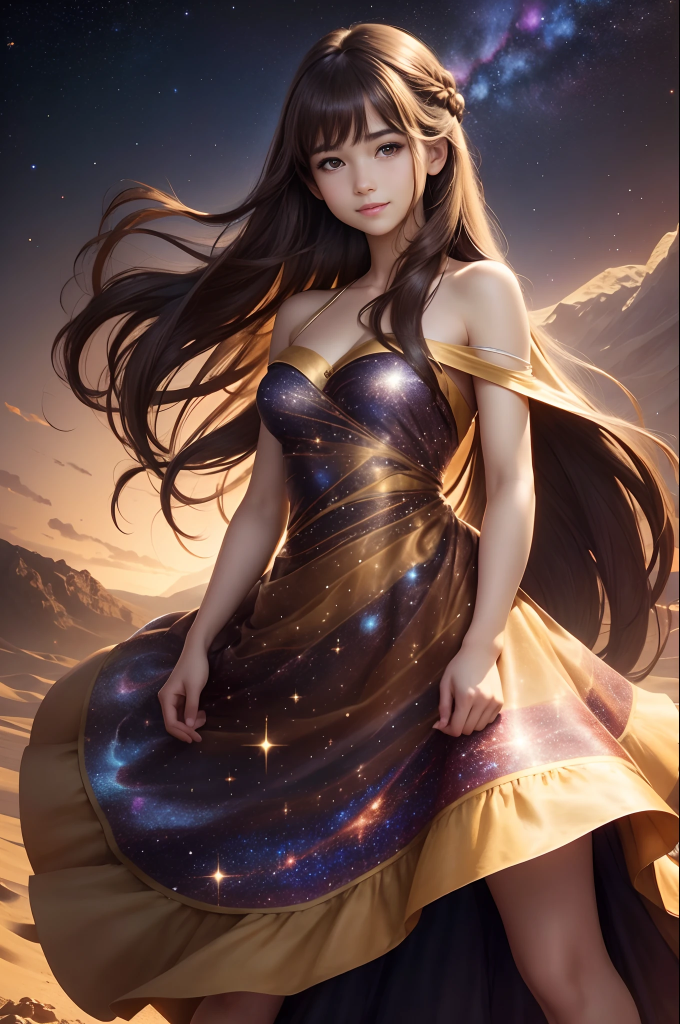 1girl,solo,long hair,brown hair,looking at viewer,realistic,brown eyes,dress,bare shoulders,upper body,lips,parted lips,breasts,masterpiece,best quality,high quality,face focus,fashion photography, happy smile, galaxy, stars, cosmic dress, film star, fractal art