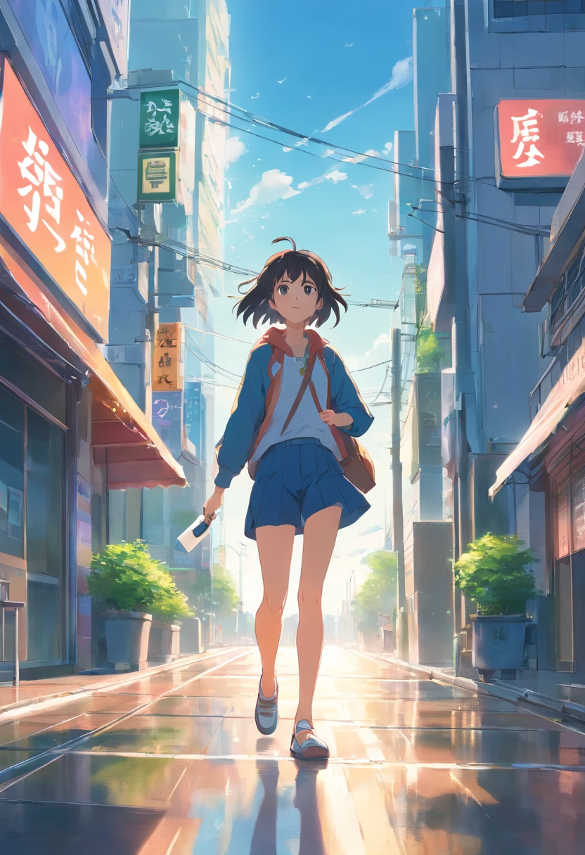 A woman walking down a street in a city with buildings - SeaArt AI