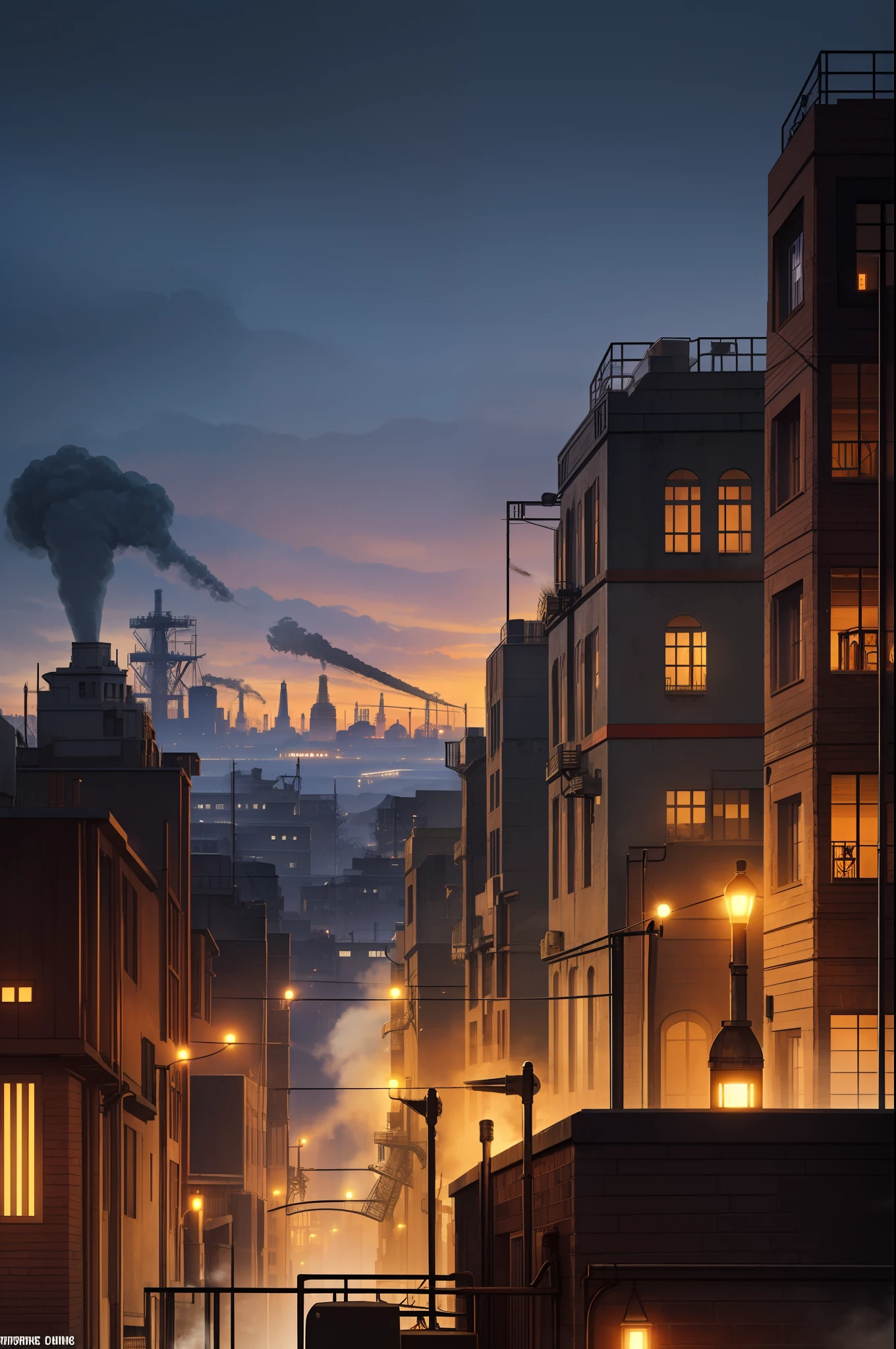 Industrial city, Surrounded by walls, steampunc, Rusty and heavy, Smoke, chimneys, mills, gear wheel, Machinery, Tall buildings, Towers, Steam powered, steam pipes, the street lights, (Cinematic lighting:0.8, Super detail, full bloom) --auto