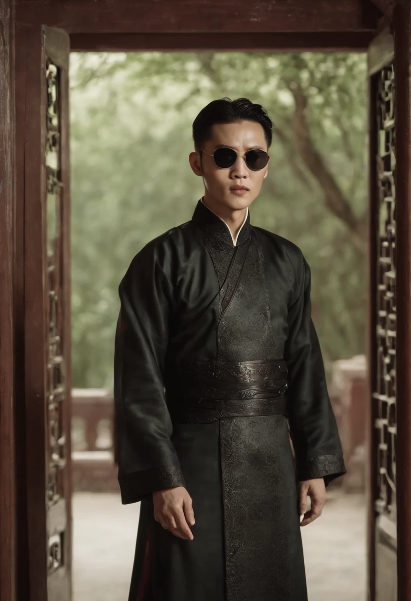 Zou Zhaolong,With sunglasses,Republic of China Tang costumes,In the Matrix style scene,Stand in the door frame,bizarre and motley