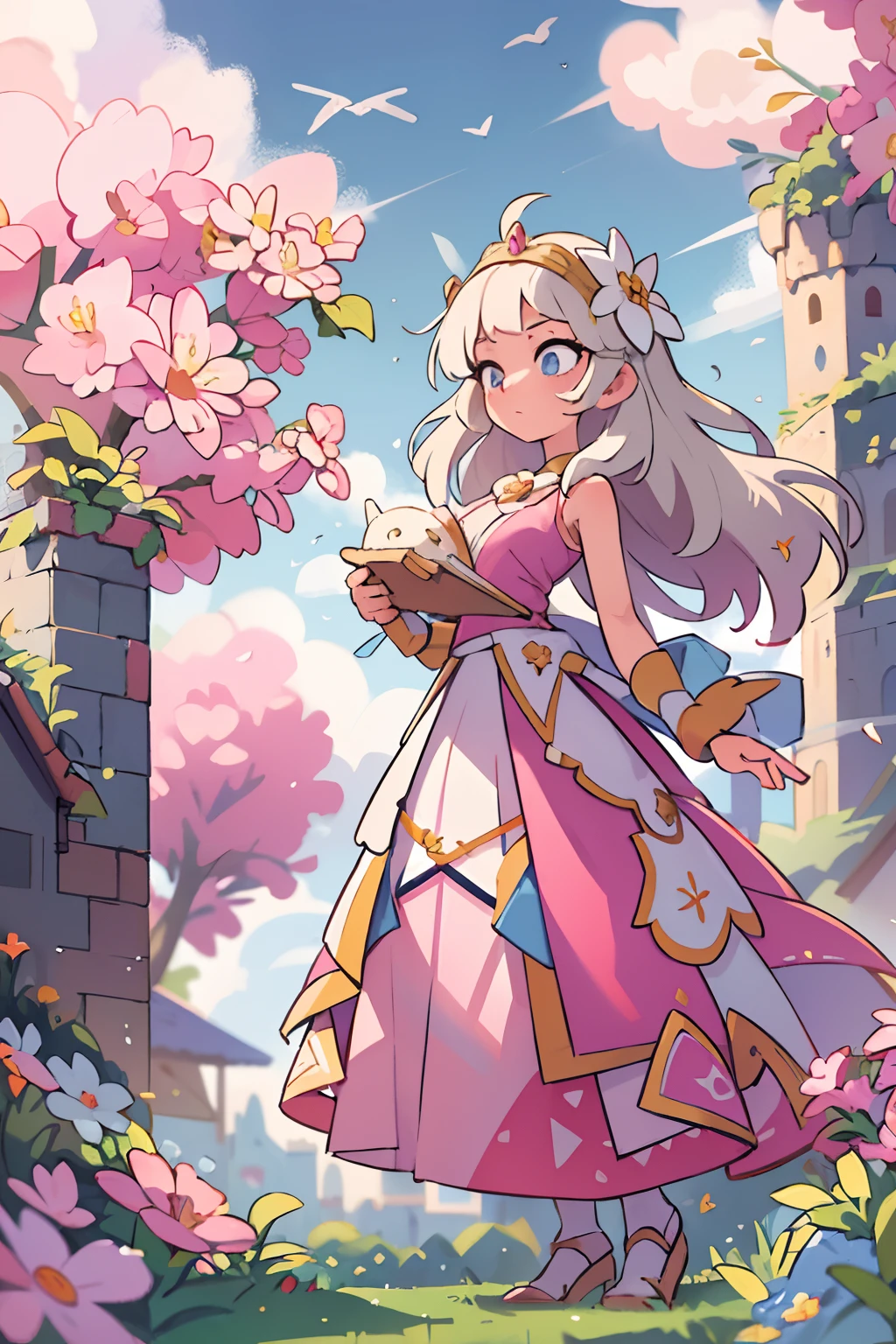 ((best quality, masterpiece)),
1girl, princess pink dress, flowers, white messy hair, outdoor, clouds on background,fantasy, medieval, castle on background