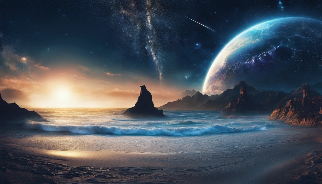 huge planet, the night, starrysky, surrealism, masutepiece, hight resolution、Impressive Milky Way:1.9、sand beach、Vast blue ocean、Blue Waves、Blue glacier、lightning bolt:1.9、Protoplanets、pure beauty