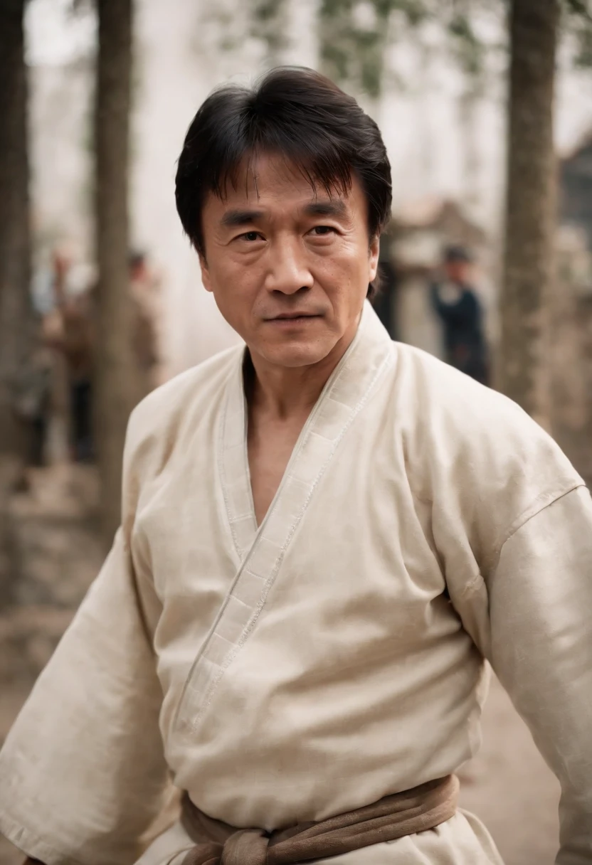 Jackie Chan is 20 years old,Qi bangs,Republic of China Tang costumes,Drunken boxing in the streets in Chinese style,film noise,Funny expressions,dark stormy clouds