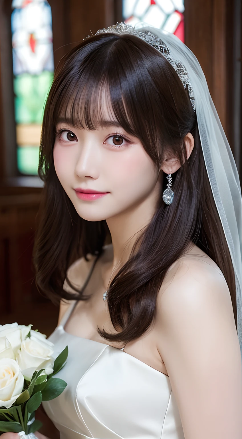 (top-quality,​masterpiece:1.3,超A high resolution,),(ultra-detailliert,Caustics),(Photorealsitic:1.4,RAW shooting,)Ultra-realistic capture,A highly detailed,High resolution 16K human skin close-up。 Skin texture is natural、,The pores are、Must be detailed enough to be easy to identify。 Skin should look healthy with even tones。 Use natural light and color,女の子1人,japanes,kawaii,22year old,Crying and laughter,Looking at the camera,Natural brown hair,half up,Medium-sized breasts,wedding veil,Pure White Wedding Dresses,Having a bouquet,erect through,Looking at the camera,chapel,(stain glass),Flooded with light,(Front view),front-facing view,cowboy  shot,natural soft light