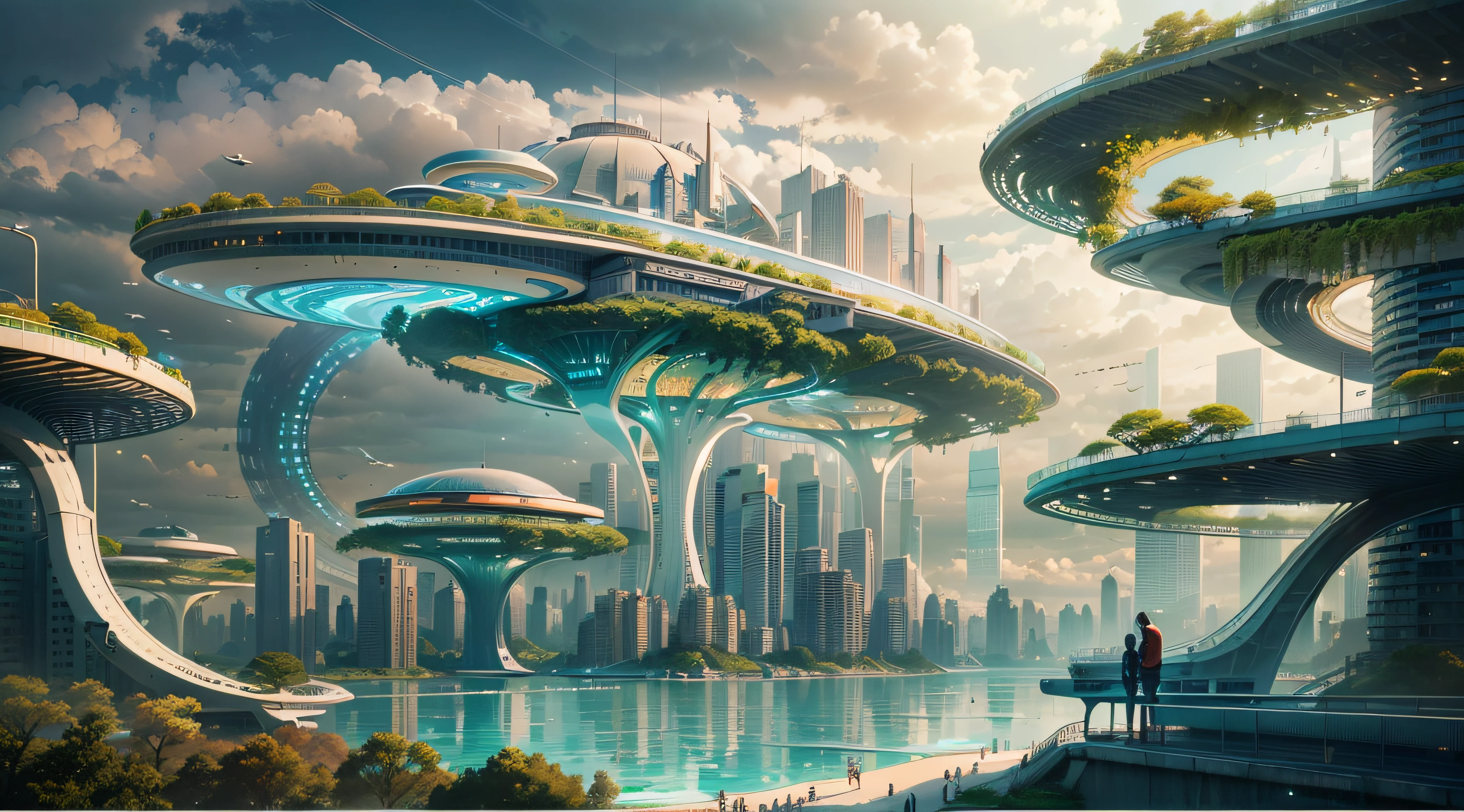 (Best quality,4K,8K,A high resolution,Masterpiece:1.2),Ultra-detailed,(Realistic,Photorealistic,photo-realistic:1.37),Futuristic floating city,Futuristic technology,Huge urban high-tech tablet platform,Airship,Floating in the sky,Futuristic city,Small airships around,High-tech hemispherical platform,Colorful lights,Advanced architecture,modernn architecture,skyscrapper,Access the cloud,Scenic beauty,view over city,Impressive design,Blend seamlessly with nature,energetic and vibrant atmosphere,Futuristic transportation system,Parking is suspended,Transparent path,Lush greenery,Sky gardens,cascading waterfalls,Magnificent skyline,reflections on the water,Sparkling river,Architectural innovation,futuristic skyscrapers,Transparent dome,The shape of the building is unusual,Elevated walkway,Impressive skyline,Glowing lights,Futuristic technology,Minimalist design,Scenic spots,Panoramic view,Cloud Piercing Tower,Vibrant colors,epic sunrise,epic sunset,Dazzling light display,magical ambiance,The future city,Urban Utopia,LuxuryLifestyle,Innovative energy,sustainable development,Smart city technology,Advanced infrastructure,Tranquil atmosphere,Nature and technology live in harmony,Awesome cityscape,Unprecedented urban planning,Architecture connects seamlessly with nature,High-tech metropolis,A cutting-edge engineering marvel,The future of urban living,Visionary architectural concept,Energy-efficient buildings,Harmony with the environment,A city floating above the clouds,Utopian dreams become reality,The possibilities are endless,State-of-the-art transportation network,Green energy integration,Innovative materials,Impressive holographic display,Advanced communication system,Breathtaking aerial view,Quiet and peaceful environment,Modernist aesthetics,Ethereal beauty