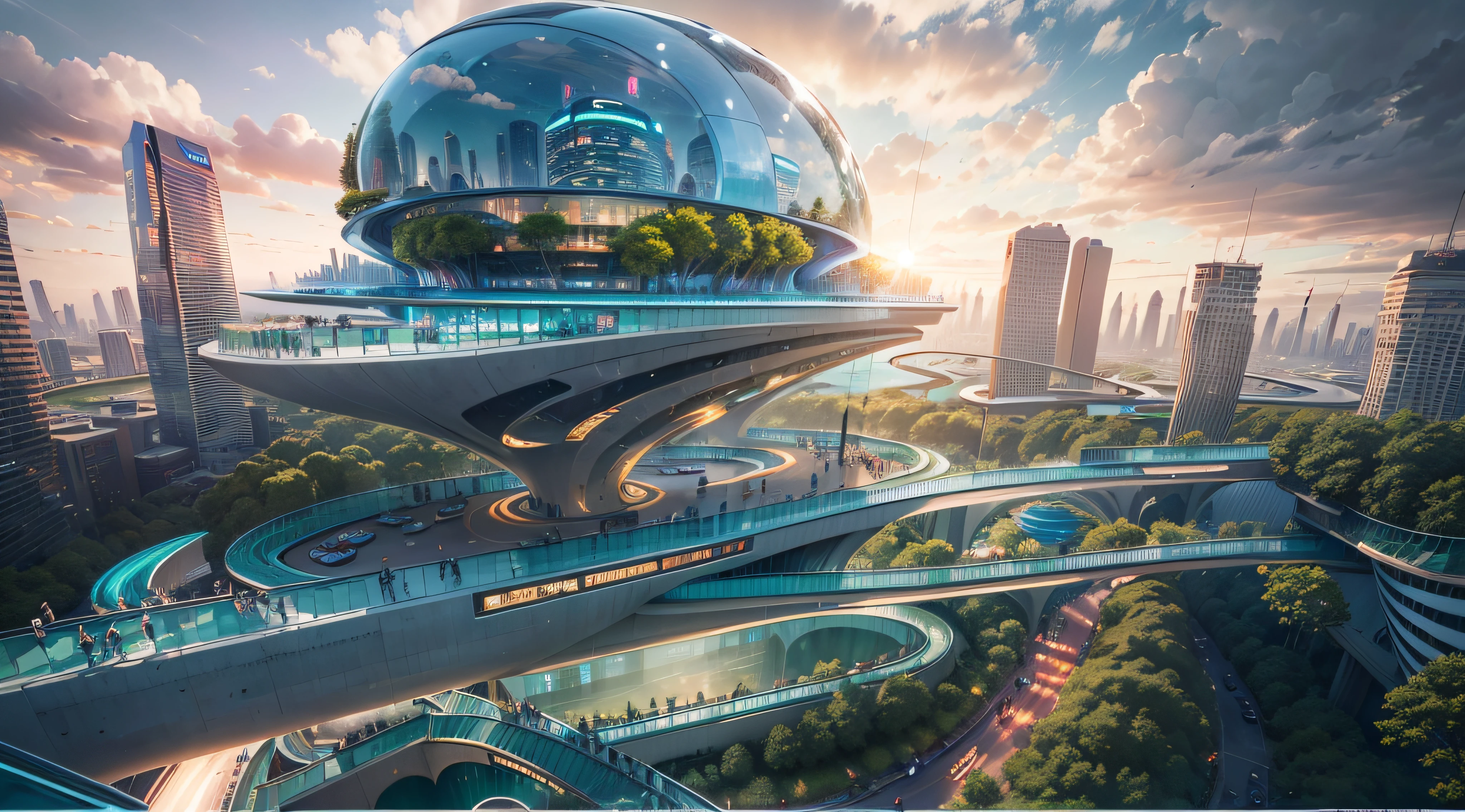 (Best quality,4K,8K,A high resolution,Masterpiece:1.2),Ultra-detailed,(Realistic,Photorealistic,photo-realistic:1.37),Futuristic floating city,Futuristic technology,Huge urban high-tech tablet platform,Airship,Floating in the sky,Futuristic city,Small airships around,High-tech hemispherical platform,Colorful lights,Advanced architecture,modernn architecture,skyscrapper,Access the cloud,Scenic beauty,view over city,Impressive design,Blend seamlessly with nature,energetic and vibrant atmosphere,Futuristic transportation system,Parking is suspended,Transparent path,Lush greenery,Sky gardens,cascading waterfalls,Magnificent skyline,reflections on the water,Sparkling river,Architectural innovation,futuristic skyscrapers,Transparent dome,The shape of the building is unusual,Elevated walkway,Impressive skyline,Glowing lights,Futuristic technology,Minimalist design,Scenic spots,Panoramic view,Cloud Piercing Tower,Vibrant colors,epic sunrise,epic sunset,Dazzling light display,magical ambiance,The future city,Urban Utopia,LuxuryLifestyle,Innovative energy,sustainable development,Smart city technology,Advanced infrastructure,Tranquil atmosphere,Nature and technology live in harmony,Awesome cityscape,Unprecedented urban planning,Architecture connects seamlessly with nature,High-tech metropolis,A cutting-edge engineering marvel,The future of urban living,Visionary architectural concept,Energy-efficient buildings,Harmony with the environment,A city floating above the clouds,Utopian dreams become reality,The possibilities are endless,State-of-the-art transportation network,Green energy integration,Innovative materials,Impressive holographic display,Advanced communication system,Breathtaking aerial view,Quiet and peaceful environment,Modernist aesthetics,Ethereal beauty
