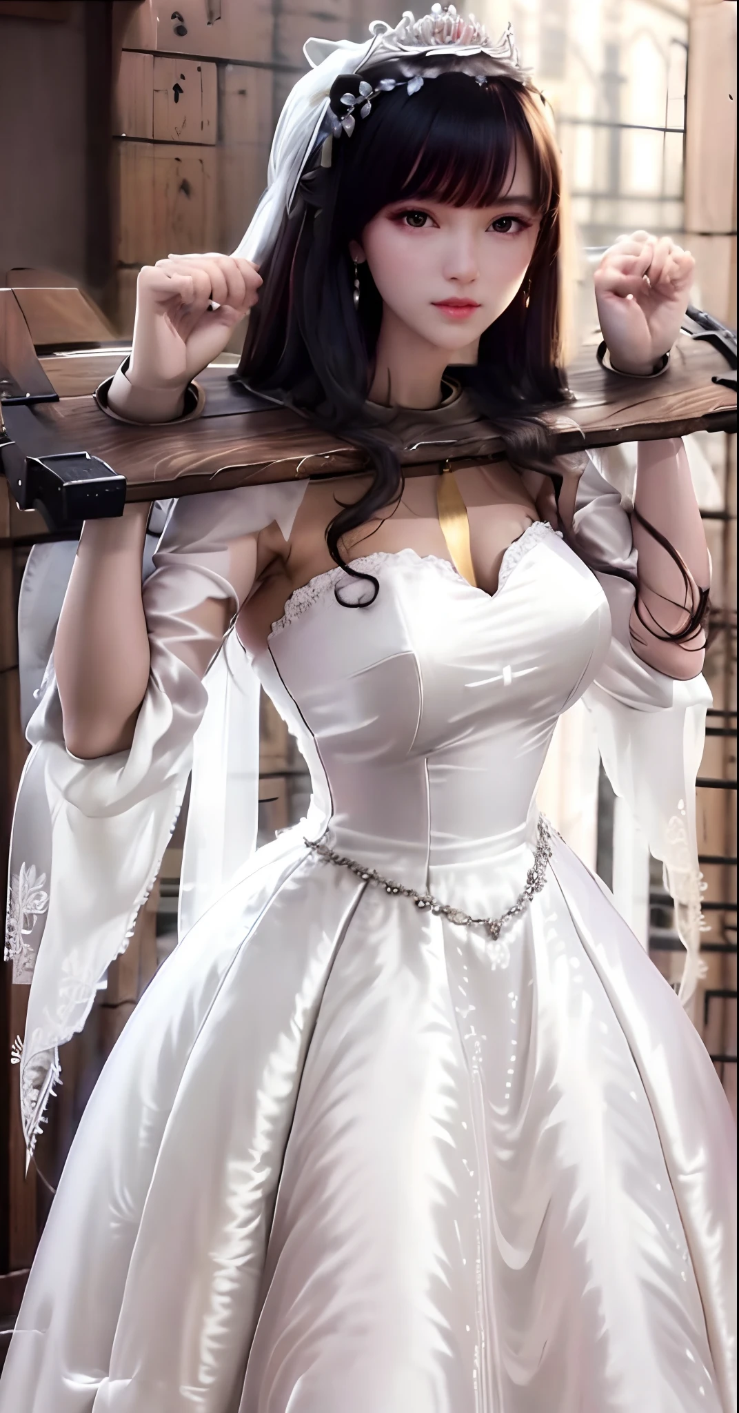 Close-up of a beautiful bride wearing a beautiful wedding dress, Gurwitz,（Pillory：1.5）, （flail：1.2）,  flail on the head, flail on the hands,(bridal veil: 1.5), (transparent short veil: 1.5), flushed face, head flower, tiara, Very detailed princess wedding dress,(tube wedding dress: 1.5), (silk dress: 1.2 ), (strapless wedding dress: 1.5), （floor length skirt：1.2）, pure white dress,white long skirt, necklace, earrings, (huge breasts: 1.3), deep V heart-neck wedding dress, bangs, lipstick, (lace gloves: 1.3),  high detail RAW Color art,