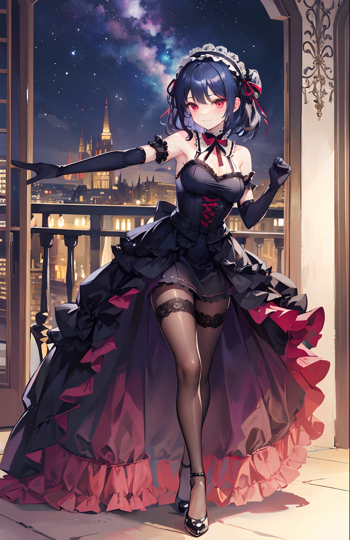 girl,beautiful face, medium hair, best quality, lolita hairband, {{{gothic lolita}}}, mind control, affectionate, mature female, messy hair, {{{dark blue hair}}},medium breasts, red eyes, {{{black clothes}}}, lace-trimmed gloves, lace-trimmed dress, gothic, the pose, clenched hands, detailed eyes, full body, {{{elbow gloves}}}, {{leg ribbon}}, masterpiece,giggling, standing, evening, night, smirk, leg ribbon, leg ribbon, short dress, glowing eyes, balcony, victorian, thighs, legs, mansion, pantyhose, sleeveless, night sky, see-through gloves, collared dress, evil eyes, lace-trimmed legwear,