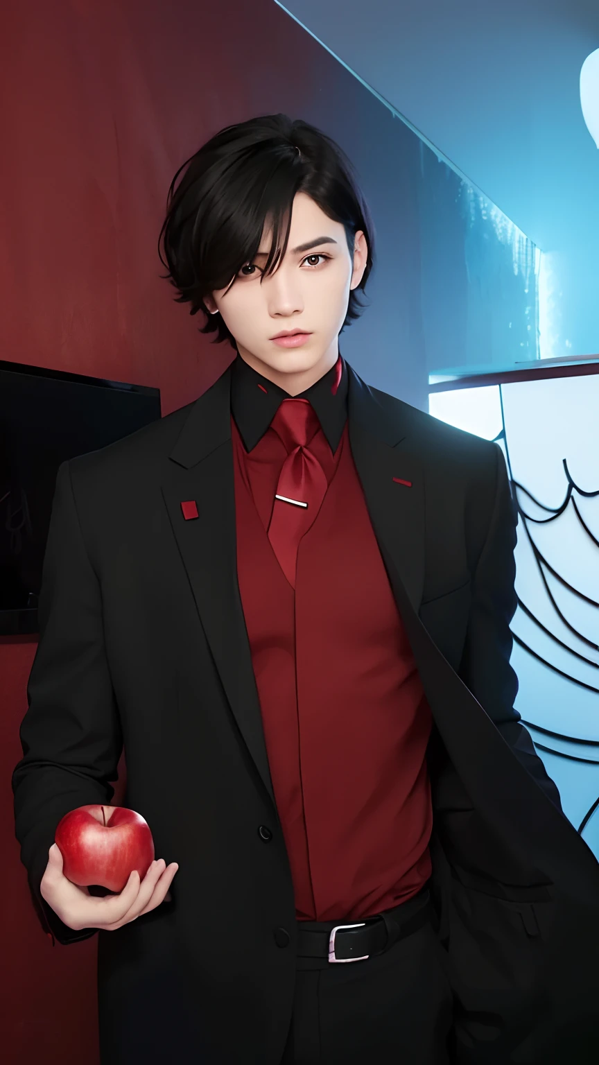 1boys, black hair, black eyes, take red apple, black jacket, red shirts, red tie, handsome, realistic, ultra detail, 70mn lens