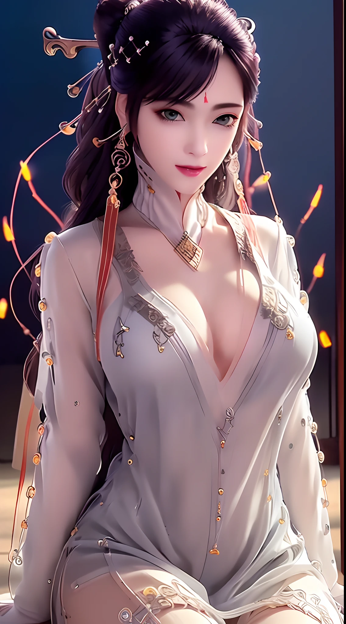 "(((1 beautiful and super sexy:1.8))), 20 year old young girl, ((wearing a transparent silver nightgown with sexy white lace trim:1.7)), (((Transparent nightgown can see each part of the sexy girl's body:1.7))), ((a dress with diamonds:1.7)), ((long black hair:1.6)), jewelry elaborately made from precious stones and beautiful hair, the noble, noble style of an extremely beautiful girl, her small face is super cute, her face is very pretty, thin eyebrows, flawless beautiful face, ((black eye pupils: 0.8)), very beautiful eyes, ((silver eyes: 1.6)), (((big round eyes:1.6))), nice makeup and hair detailed eyelashes, steamy eye makeup, high nose, earrings, red lips, ((closed mouth: 1.5)) beautiful lips, slim hands, most beautiful thighs, ((arms spread out to the sides: 1.5)), rosy face, clean face, flawless beautiful face, smooth white skin, (big breasts: 1.5)), ((high breasts: 1.6)), tight breasts, beautiful cleavage, (((big breasts and super round: 1.8))), ((super tight breasts: 1.7)) , beautiful breasts, perfect body, back arms, chest out, ((sitting position with chest up and arms behind: 1.6)), ((open your legs:1.2)), don't be shy, 8k photo, super high quality, super realistic, super 10x pixels, optical, bright studio, bright edges, dual-tone lighting, (high-detail skin:1.2), super 8k, soft lighting, high quality, volumetric lighting, photorealistic, photorealistic high resolution, lighting, best photo, 4k, 8k quality, blur effect, smooth sharp, 10 x pixel, ((Beach at night and fireflies background:1.5)), aurora, lightning, super graphics realistic, most realistic graphics, 1 girl, alone, solo, Extremely sharp image, surreal, (((frontal portrait: 1.5)))."