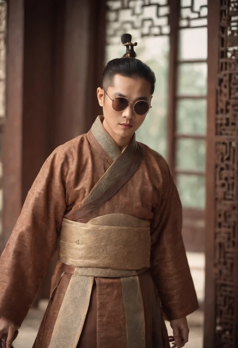 Collin Chou,With sunglasses,Costumes of the Tang Dynasty of the Republic of China,In a matrix-style scenario,Stand on the door frame,Bizarre and disorganized
