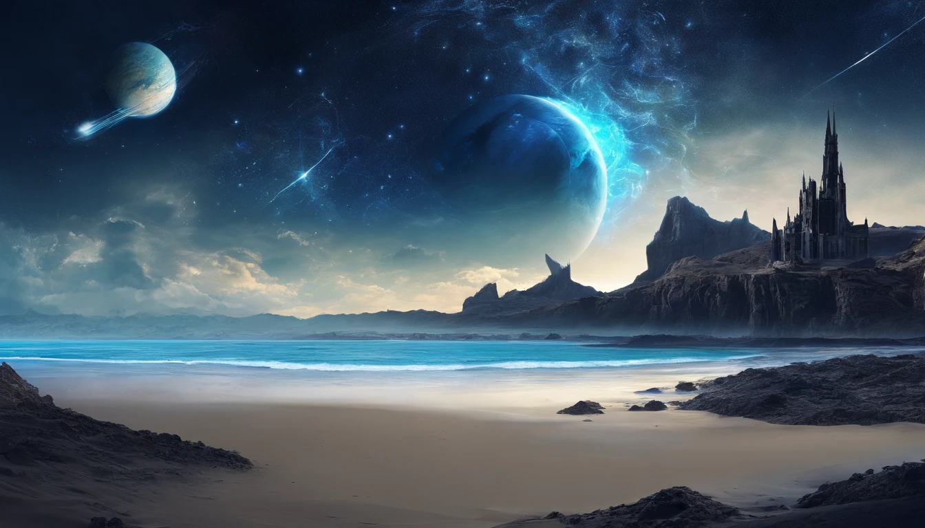 huge planet, the night, starrysky, surrealism, masutepiece, hight resolution、Impressive Milky Way:1.9、sand beach、Vast blue ocean、Blue Waves、Blue glacier、lightning bolt:1.9、Protoplanets、pure beauty