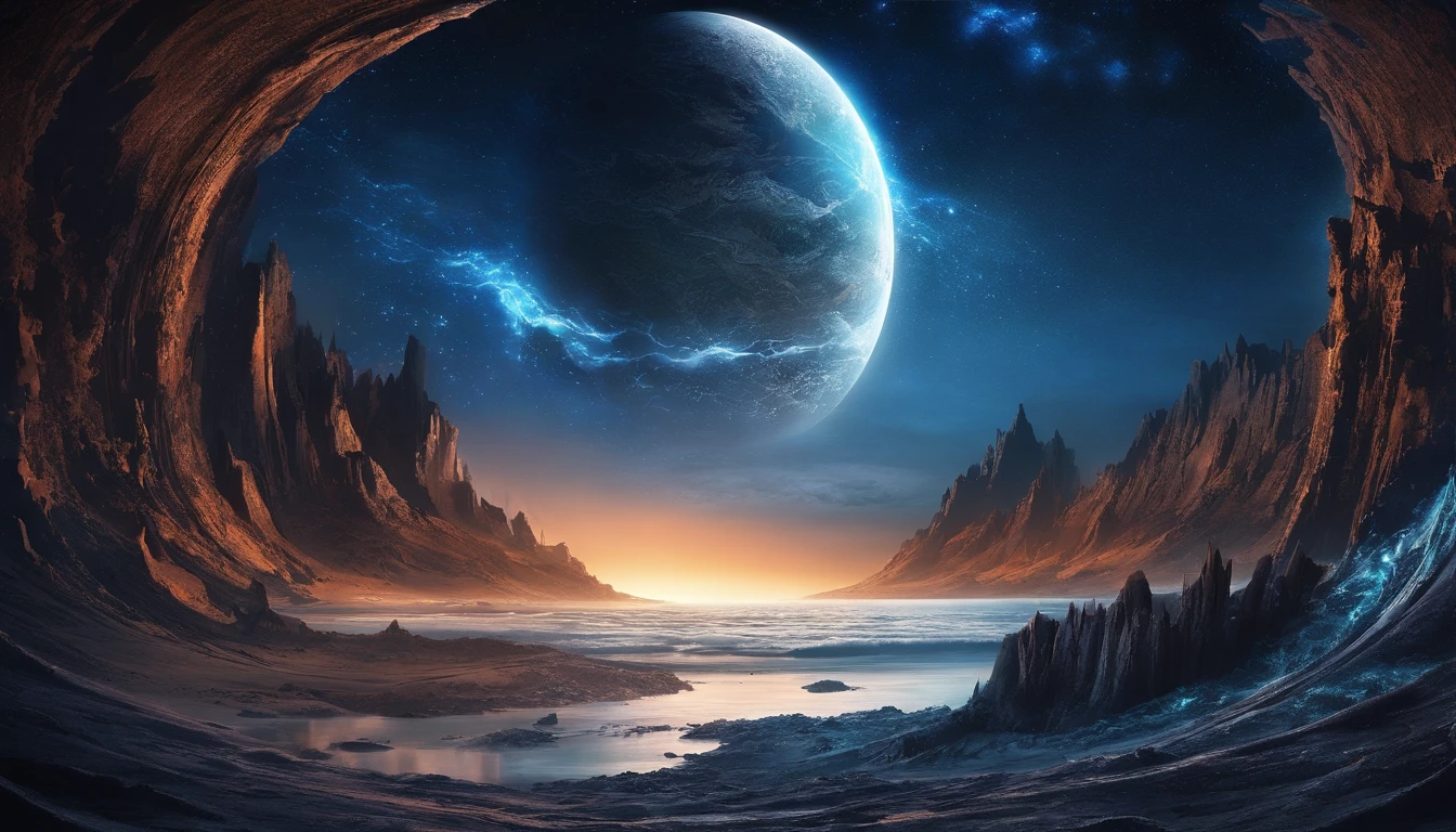 huge planet, the night, starrysky, surrealism, masutepiece, hight resolution、Impressive Milky Way:1.9、sand beach、Vast blue ocean、Blue Waves、Blue glacier、lightning bolt:1.9、Protoplanets、pure beauty