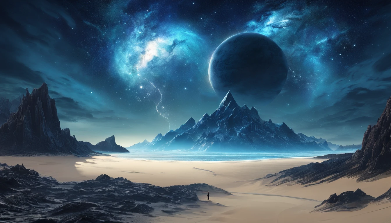 huge planet, the night, starrysky, surrealism, masutepiece, hight resolution、Impressive Milky Way:1.9、sand beach、Vast blue ocean、Blue Waves、Blue glacier、lightning bolt:1.9、Protoplanets、pure beauty