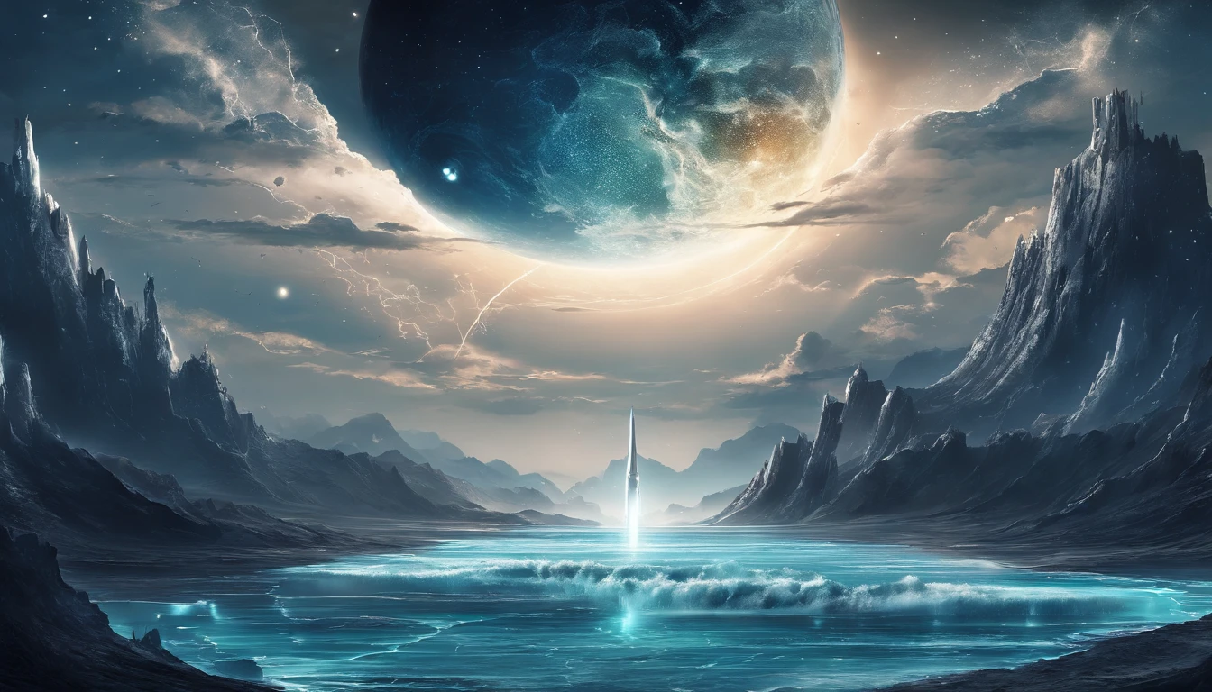 huge planet, the night, starrysky, surrealism, masutepiece, hight resolution、Impressive Milky Way:1.9、sand beach、Vast blue ocean、Blue Waves、Blue glacier、lightning bolt:1.9、Protoplanets、pure beauty