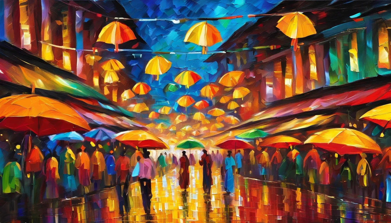 A night market from MYANMAR, RAINING SEASON, color full big umbrellas of night market, people are selling and buying, masterpiece oil painting, impasto painting.