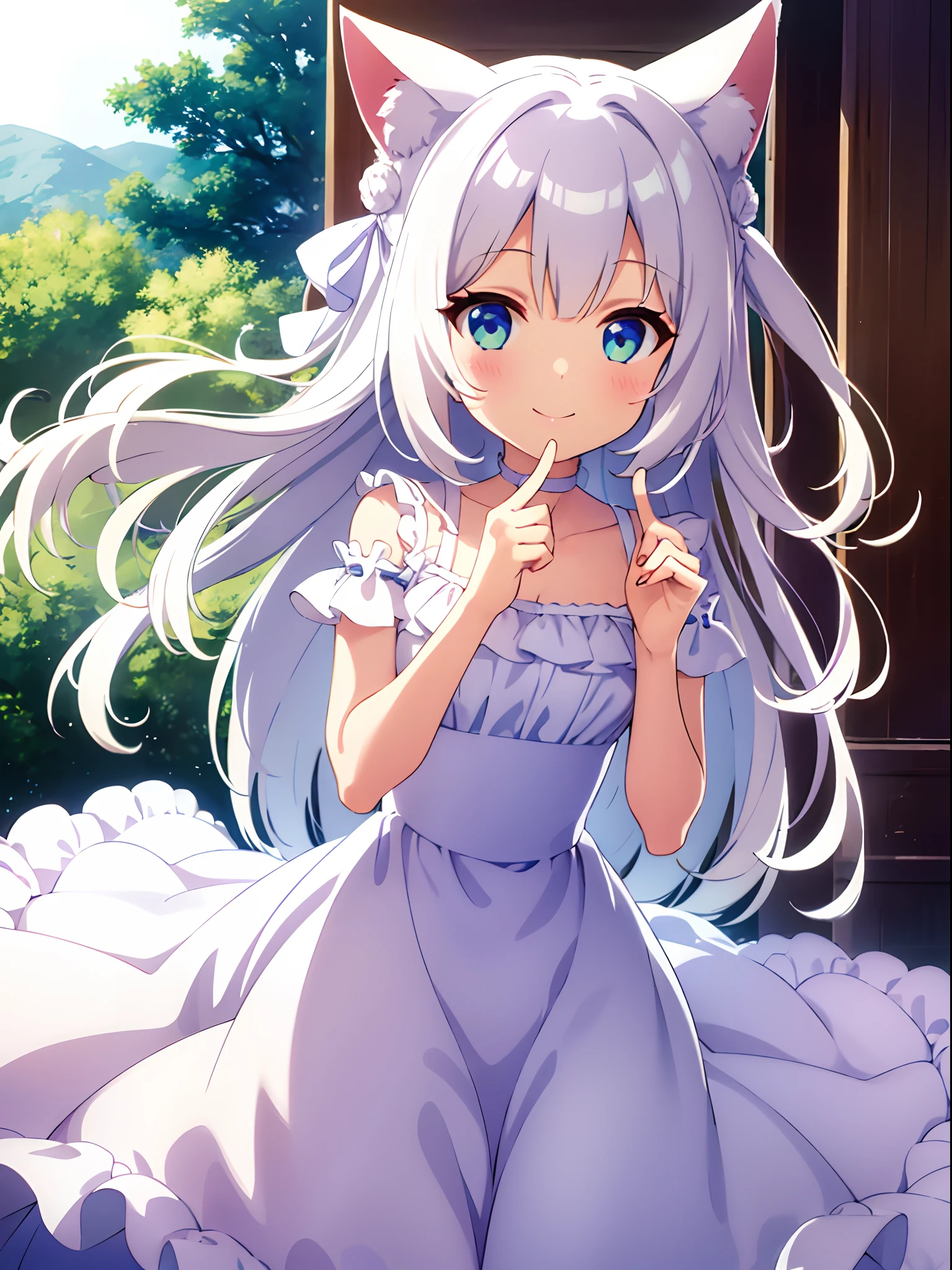 1girl, white dress, smile, (chibi), cat ear, white hair,