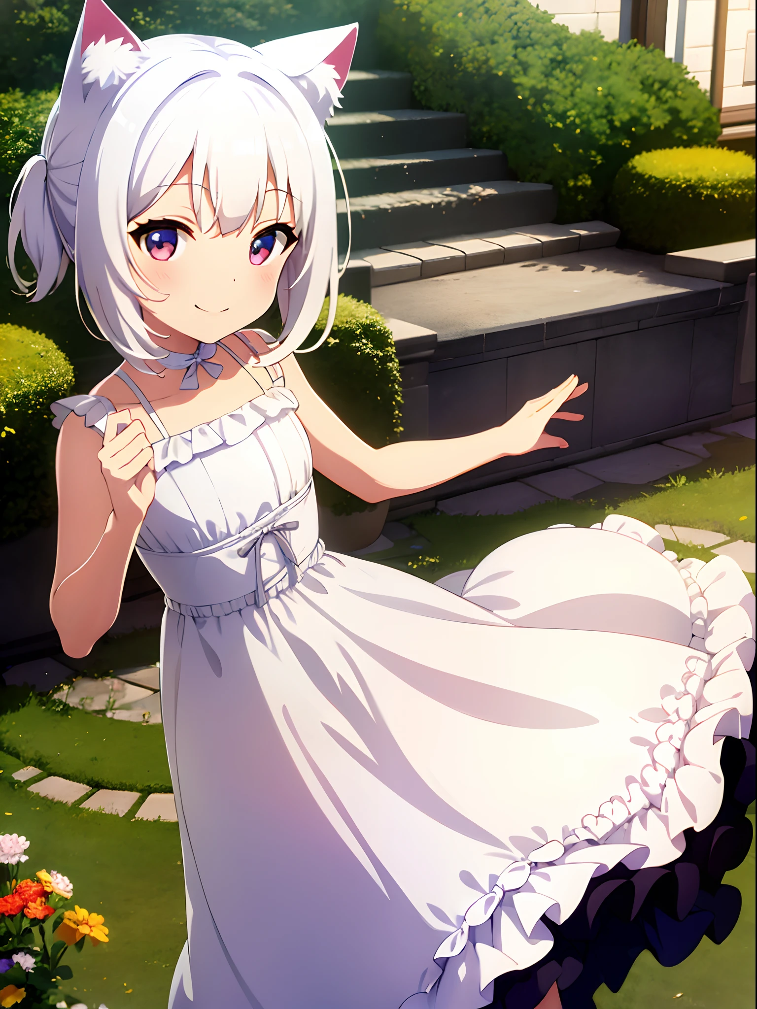 1girl, white dress, smile, (chibi), cat ear, white hair,