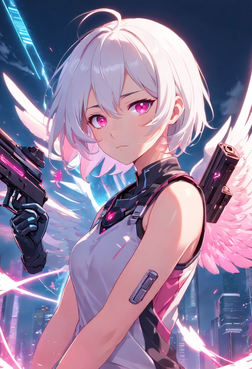man white hair pink eyes, cyborg, sleevless top, pink black and white, holographink pink hightech wings behind him, a gun in each hand