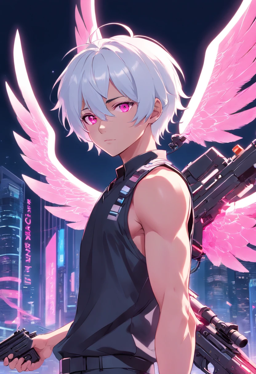 man white hair pink eyes, cyborg, sleevless top, pink black and white, holographink pink             hightech wings behind him, a gun in each hand