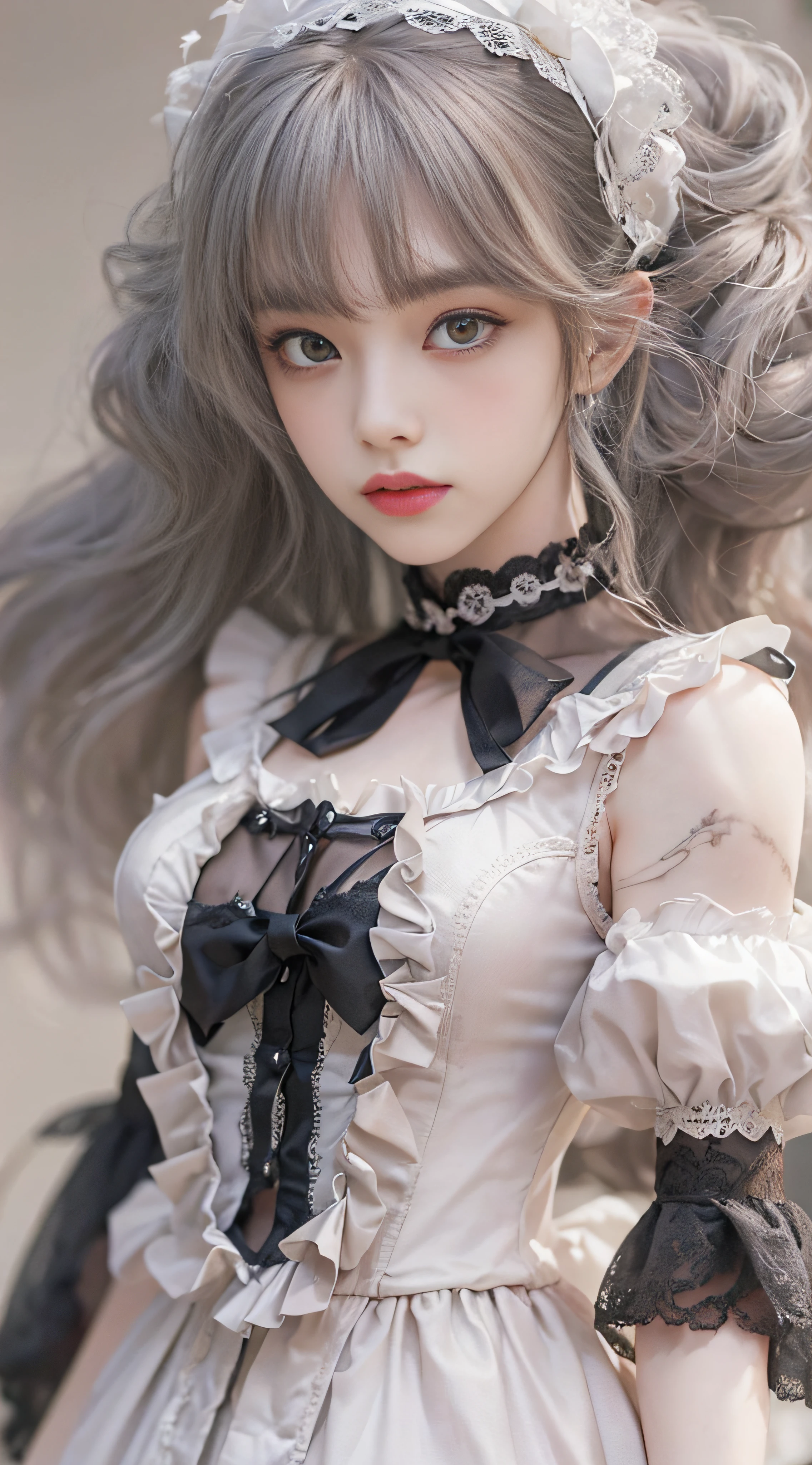 (((Masterpiece, top quality, super detailed))), One doll-like female in gothic lolita fashion, , accurate anatomy (beautiful gray eyes, very, very large slitted eyes, delicate, lonely, beautiful eyes, very, very long eyelashes, thin nose, small mouth, thin lips, thin body, slightly long neck, slightly thin shoulders, long thin arms, long thin legs), accurate pose (facing forward), exact make-up (unhealthy complexion, natural make-up, light brown eye shadow, very light pink blush, natural and natural very light pink lipstick), exact skin (clear white, perfectly smooth), exact hair (bright clean silver hair, curled lengthwise silver, long, windswept hair), accurate costume (black dress with ruffles, lace and black roses, black dress with visible shoulders and bust), accurate lighting (dim low light, oblique light) photographic equipment (SLR, single focus lens), settings (f/1.8, S400, ISO 100), accurate background (plain black), A highly realistic photograph that accurately captures the entire body, (((a dramatic leap in overall precision, creating a super detailed and realistic image))).