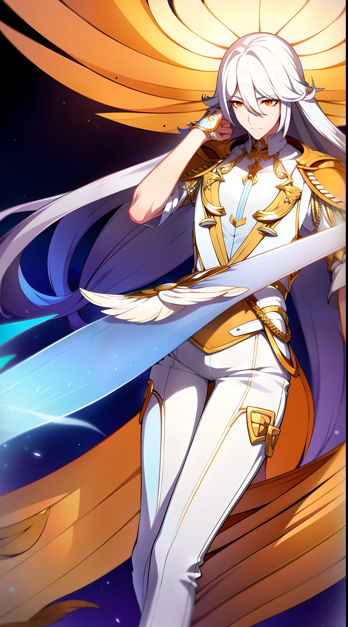 Tall guy, Long silver hair, Orange Eyes, white tight top, Blue Pants, Gold Elements, feathers, one wing, anger, 4k, HD, Good detail