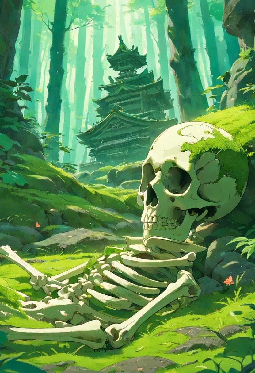 samurai skeleton coverd in moss on the ground