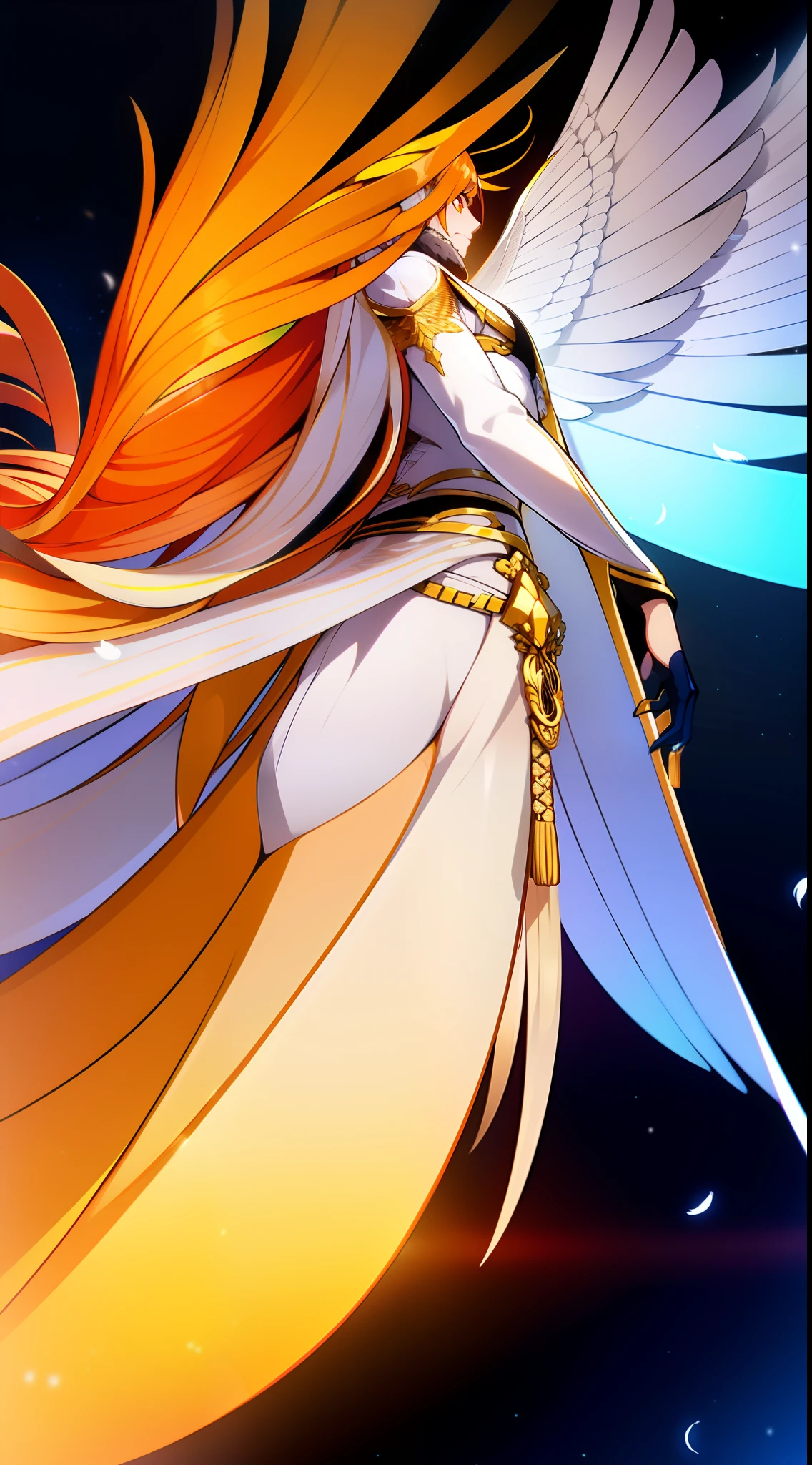 Tall guy, Long silver hair, Orange Eyes, white tight top, Blue Pants, Gold Elements, feathers, one wing, anger, 4k, HD, Good detail