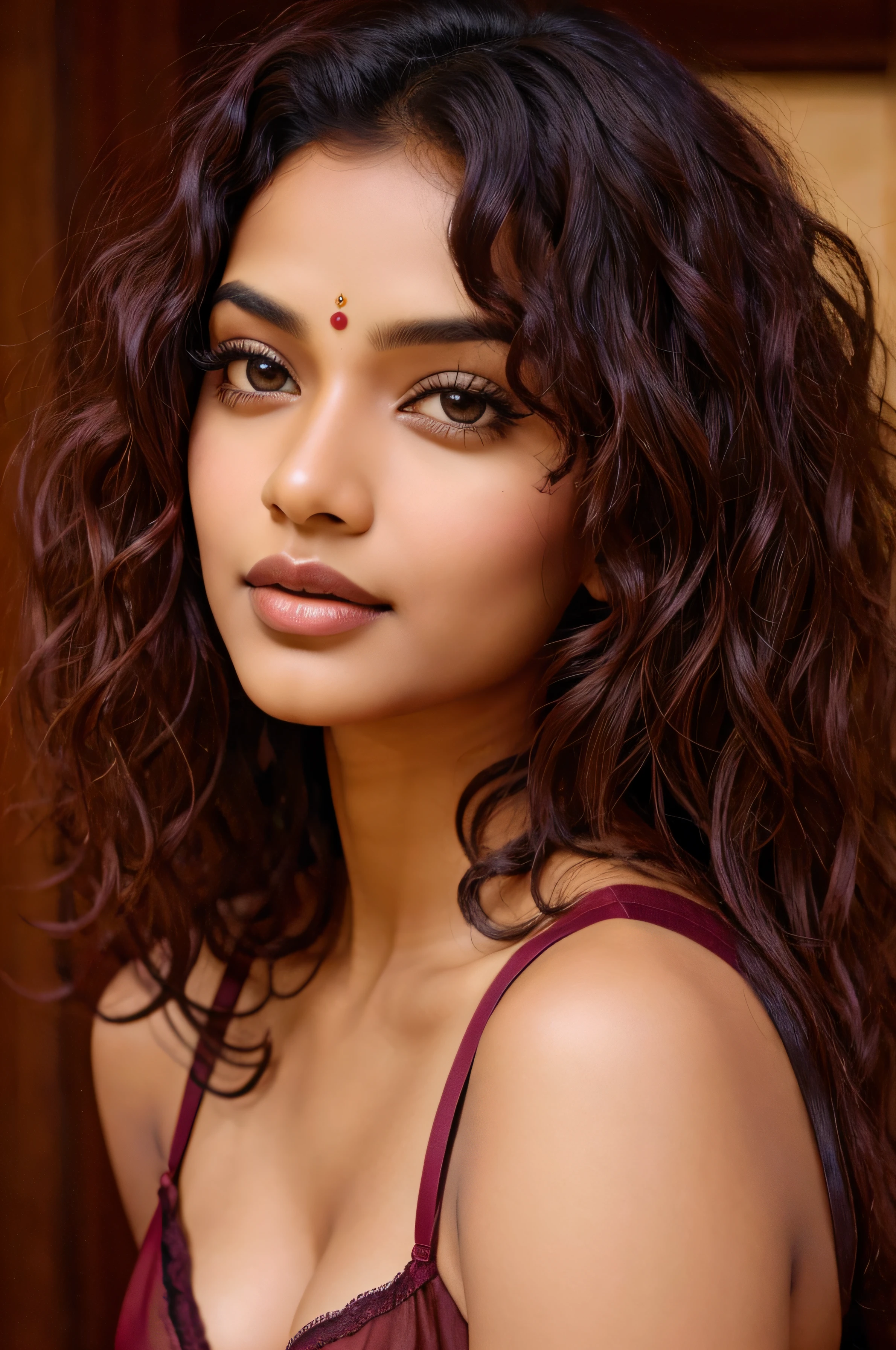 indian woman, burgundy curly hair, indian deep eyes short black bra front looking without bindi